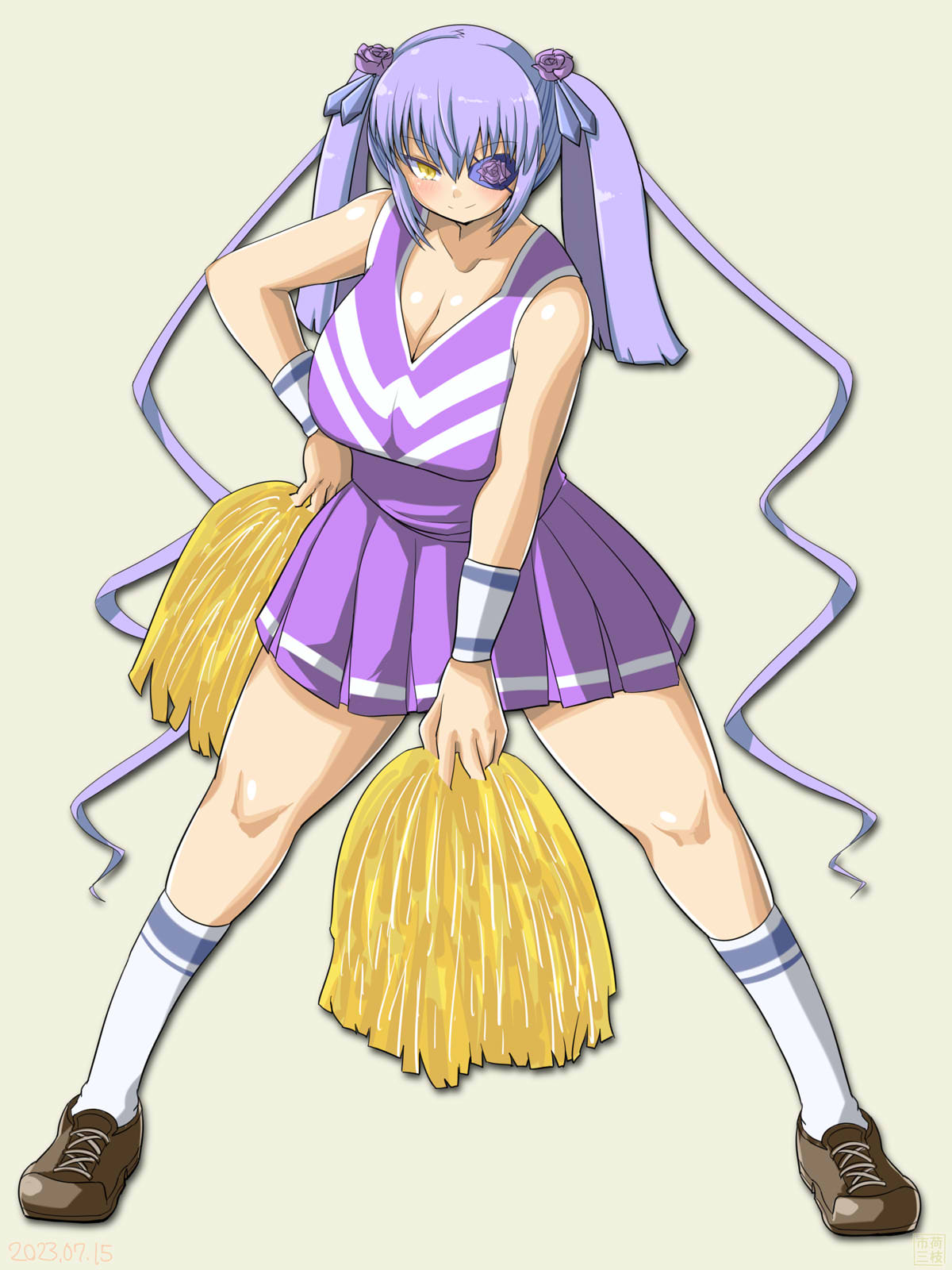 1girl alternate_breast_size alternate_costume barasuishou blush breasts brown_footwear cheerleader cleavage closed_mouth commentary_request flower flower_eyepatch full_body hair_between_eyes hand_on_own_hip highres holding holding_pom_poms itini-sanshi large_breasts light_purple_hair long_hair looking_at_viewer medium_bangs pleated_skirt pom_pom_(cheerleading) purple_flower purple_rose purple_shirt purple_skirt rose rozen_maiden shirt shoes simple_background skirt sleeveless sleeveless_shirt smile socks solo standing twintails white_socks yellow_eyes