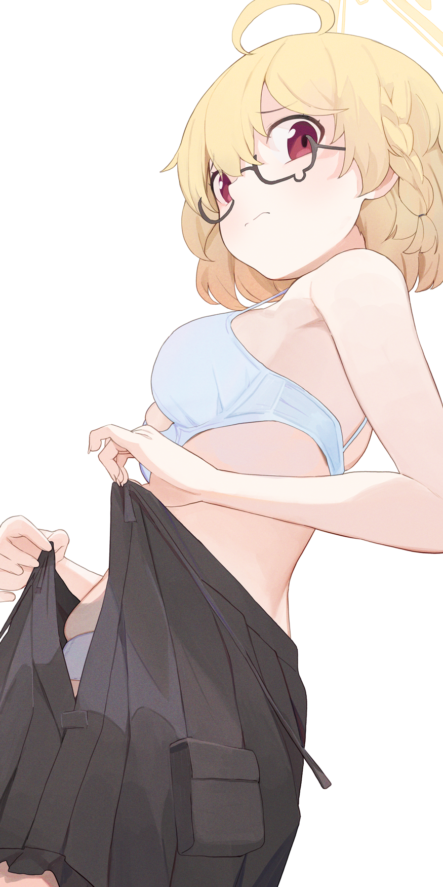 1girl ahoge black-framed_eyewear black_skirt blonde_hair blue_archive blue_bra blue_panties bra breasts closed_mouth commentary glasses halo highres hiroki_(yyqw7151) kotori_(blue_archive) looking_at_viewer medium_breasts panties red_eyes short_hair simple_background skirt solo triangle_halo underwear white_background yellow_halo