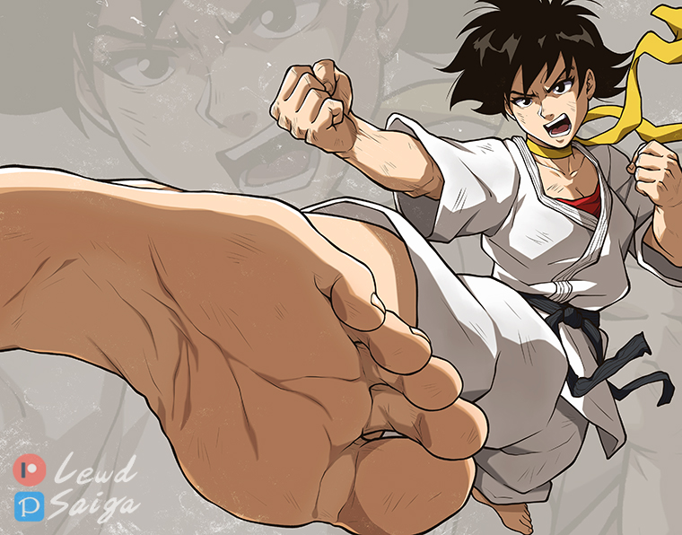 1girl barefoot belt black_belt black_hair clenched_hands dirty dirty_face dougi feet foot_focus foreshortening grey_background kicking lewdsaiga makoto_(street_fighter) multiple_views open_mouth patreon_logo patreon_username pixiv_id pixiv_logo puffy_sleeves red_sports_bra scarf see-through_silhouette shouting soles solo sports_bra street_fighter street_fighter_iii_(series) toenails toes tomboy yellow_scarf