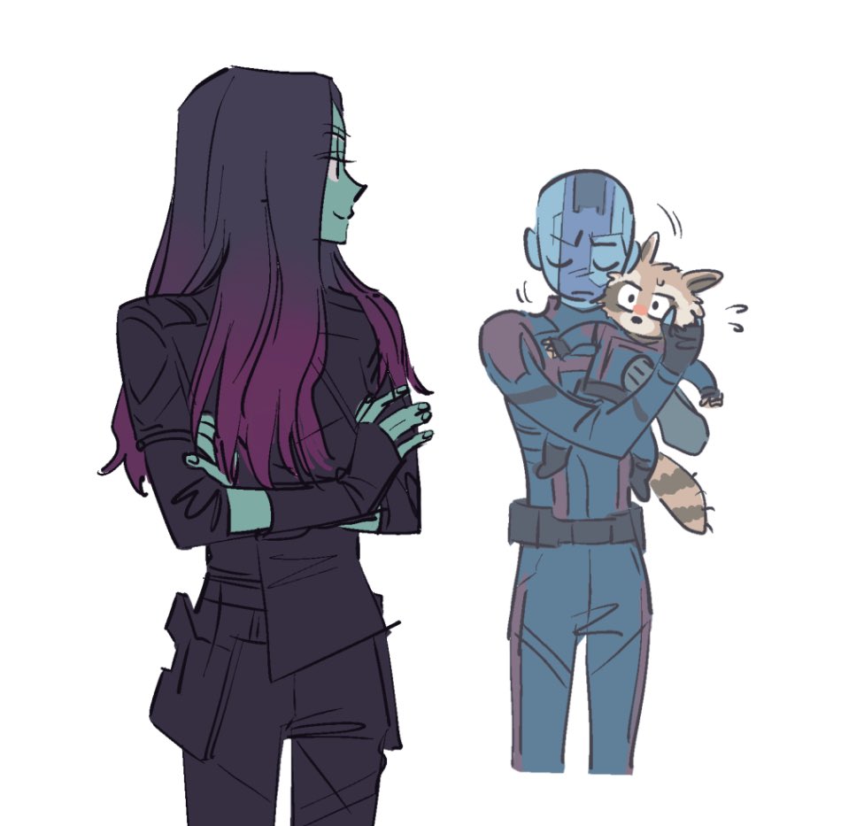 1boy 2girls blue_skin closed_mouth colored_skin fingerless_gloves gamora gloves green_skin guardians_of_the_galaxy_vol._3 hug marvel marvel_cinematic_universe multiple_girls nebula_(gotg) rocket rocket_raccoon simple_background skdlfjgrp smile white_background