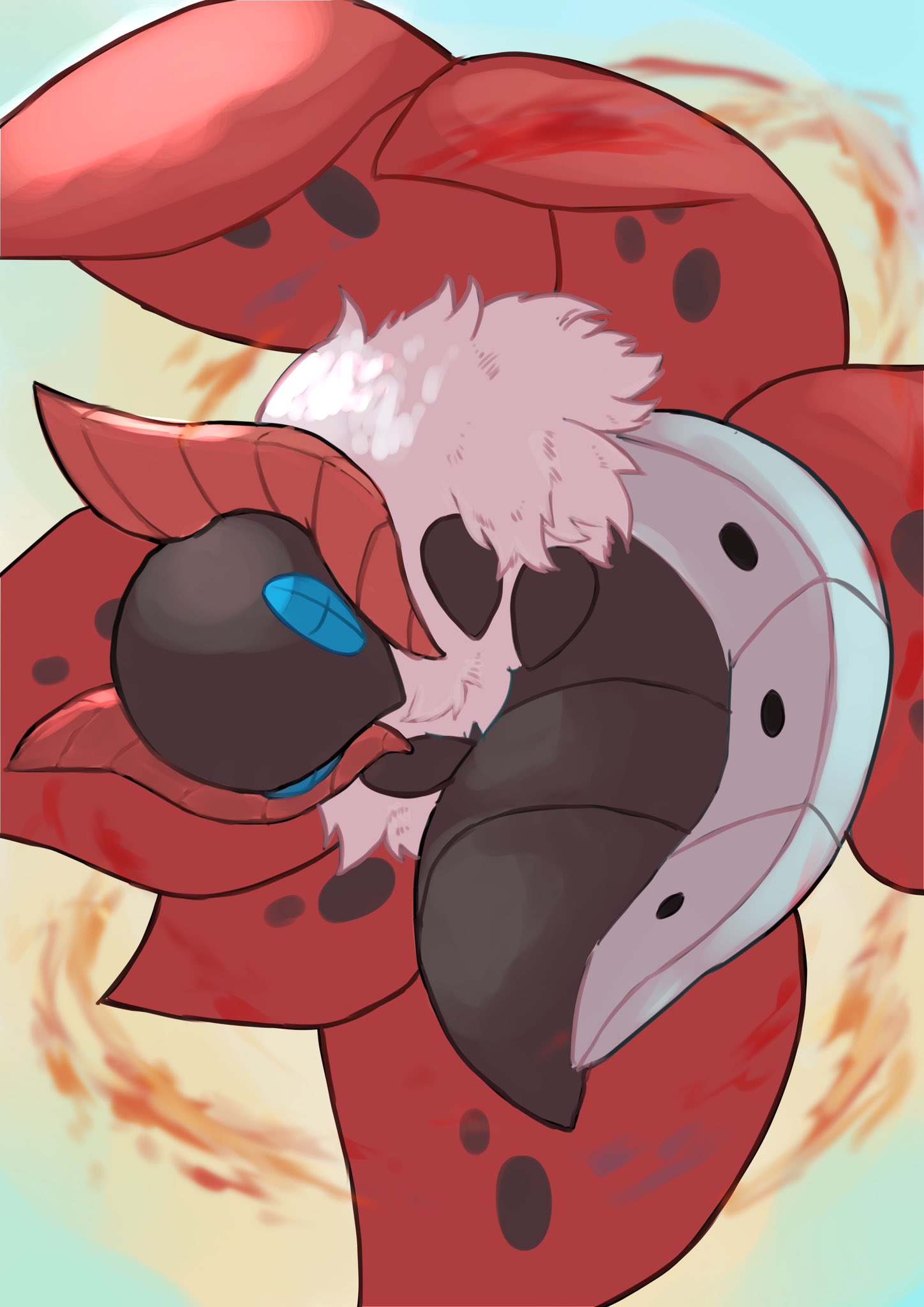 animal_focus aura blue_eyes bug commentary_request floating highres moth multicolored_background multiple_wings nastar_r0 no_humans pokemon pokemon_(creature) sleeping solo volcarona white_fur wings