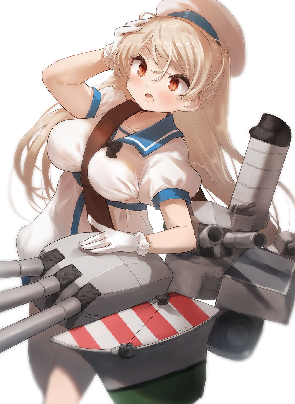 1girl blonde_hair blush brown_eyes conte_di_cavour_(kancolle) dress gloves hat highres kantai_collection long_hair machinery open_mouth puffy_short_sleeves puffy_sleeves rigging sailor_hat short_sleeves simple_background solo toka_(marchlizard) turret white_background white_dress white_gloves white_headwear