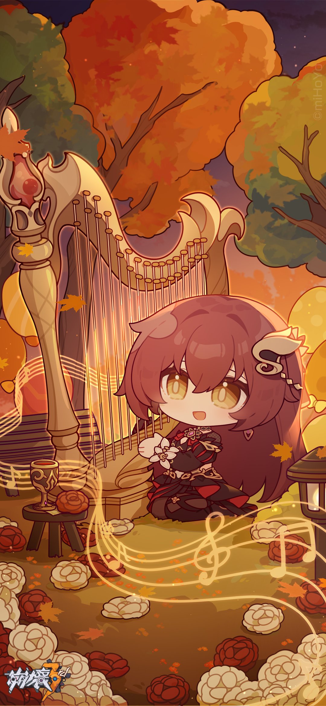 1girl birthday brown_dress brown_footwear brown_hair cup dress drinking_glass eden_(honkai_impact) eta grass happy highres honkai_(series) honkai_impact_3rd instrument kneeling leaf logo long_hair maple_leaf music musical_note official_art official_wallpaper on_floor open_mouth playing_instrument solo tree wine_glass yellow_eyes
