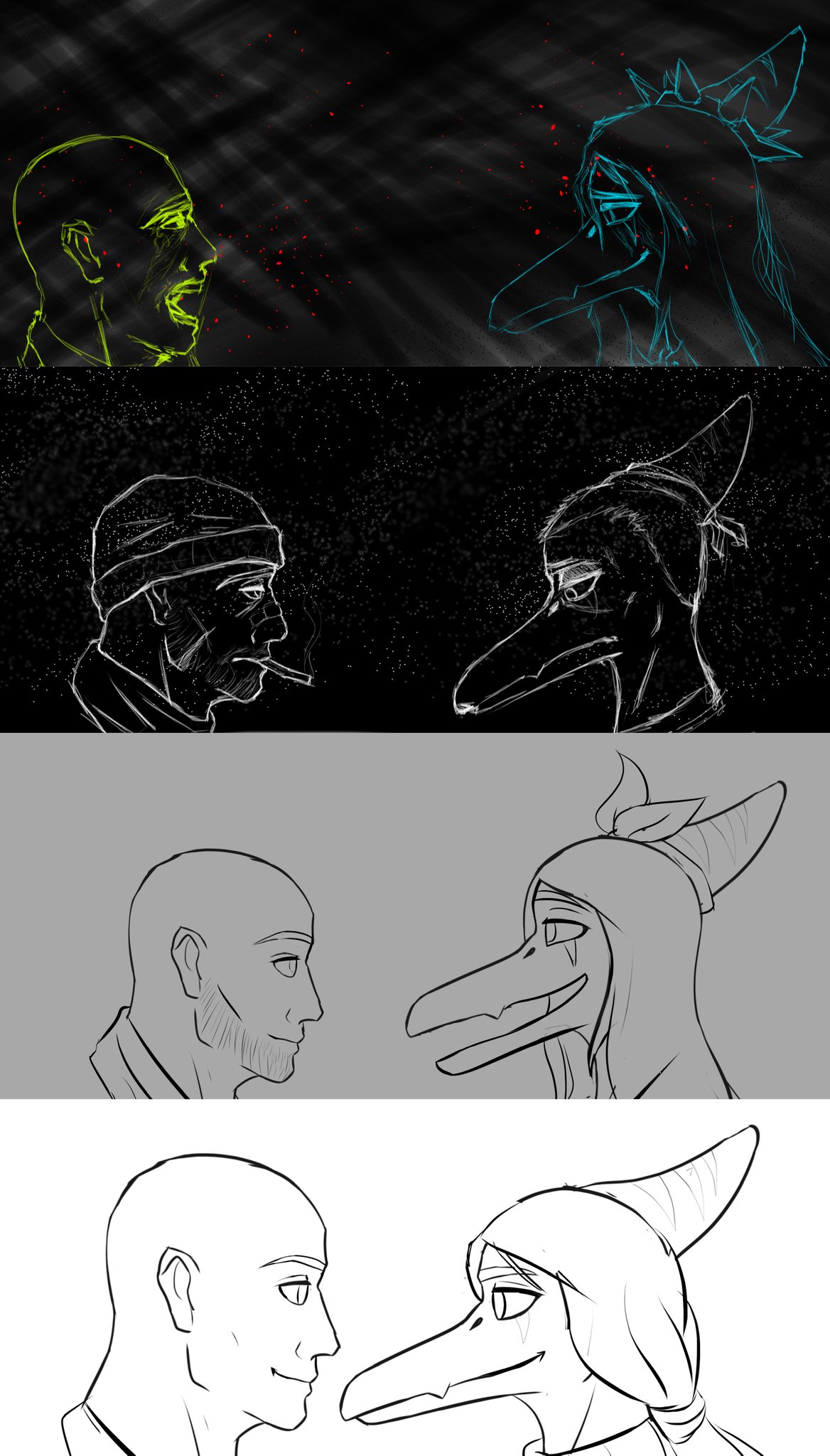 2023 anon_(snoot_game) anthro bald band-aid bandage beanie black_and_white bodily_fluids bow_(feature) cigarette clothing crying dinosaur duo fang_(gvh) female goodbye_volcano_high hair hat headgear headwear hi_res human long_hair long_snout male mammal monochrome open_mouth pterodactylus pterosaur reptile rexznov scalie short_hair smile snoot_game snout stubble tears