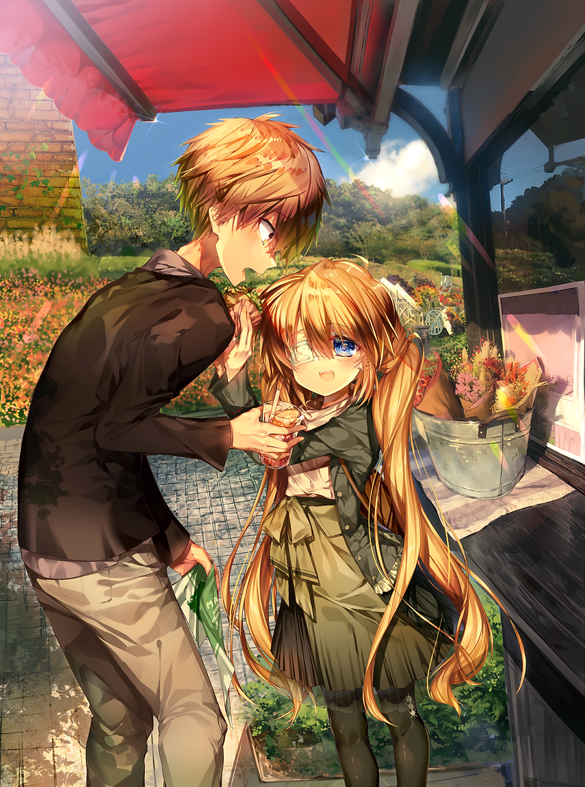 1boy 1girl :d alternate_costume black_pantyhose black_shirt blonde_hair blue_eyes blush bouquet bucket casual chi_no couple cup dappled_sunlight dating day eyepatch feet_out_of_frame flower garden glint hair_between_eyes hand_up hands_up happy hetero holding holding_cup leaning_forward long_hair long_sleeves looking_at_another nakatsu_shizuru one_eye_covered open_mouth orange_hair outdoors pantyhose profile red_flower rewrite shirt short_hair smile spiked_hair standing sunlight teeth tennouji_kotarou twintails upper_teeth_only very_long_hair