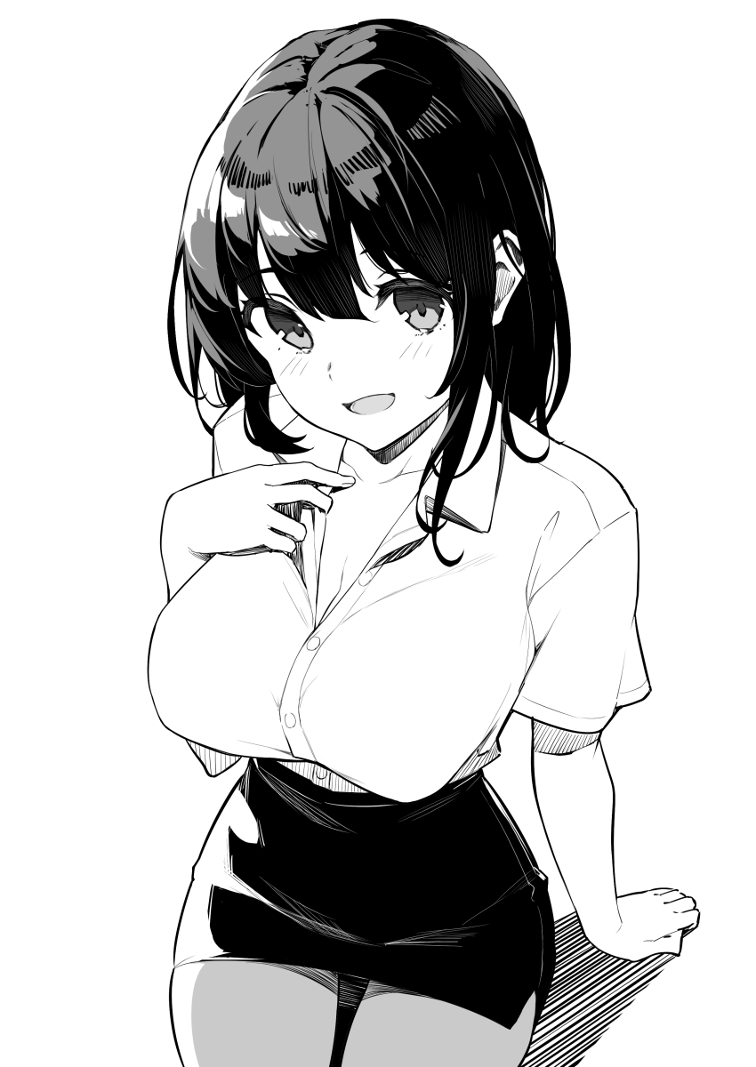 1girl breasts cleavage collarbone collared_shirt greyscale highres kekemotsu large_breasts looking_at_viewer miniskirt monochrome open_mouth original pencil_skirt shirt short_sleeves sidelocks skirt smile solo thighs