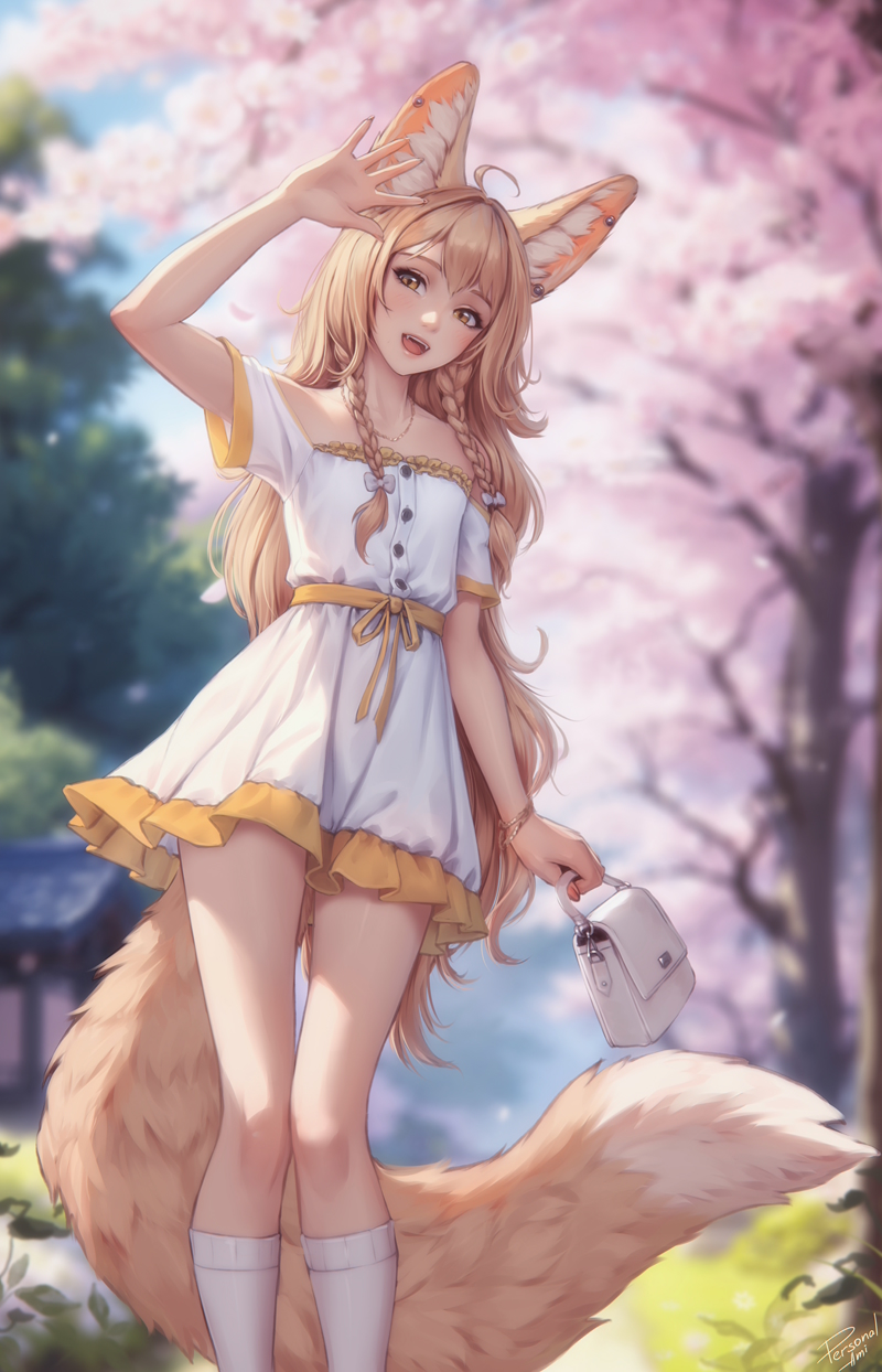 animal_humanoid big_tail braided_hair canid canid_humanoid canine canine_humanoid cherry_blossom cherry_tree clothed clothing dipstick_tail dress female fennec_humanoid fluffy fluffy_tail footwear fox_humanoid front_view fruit_tree fully_clothed fur hair hi_res humanoid inner_ear_fluff khiara_(personalami) long_hair long_tail mammal mammal_humanoid markings open_mouth outside personalami plant purse slim socks solo tail tail_markings tan_body tan_fur tree tuft