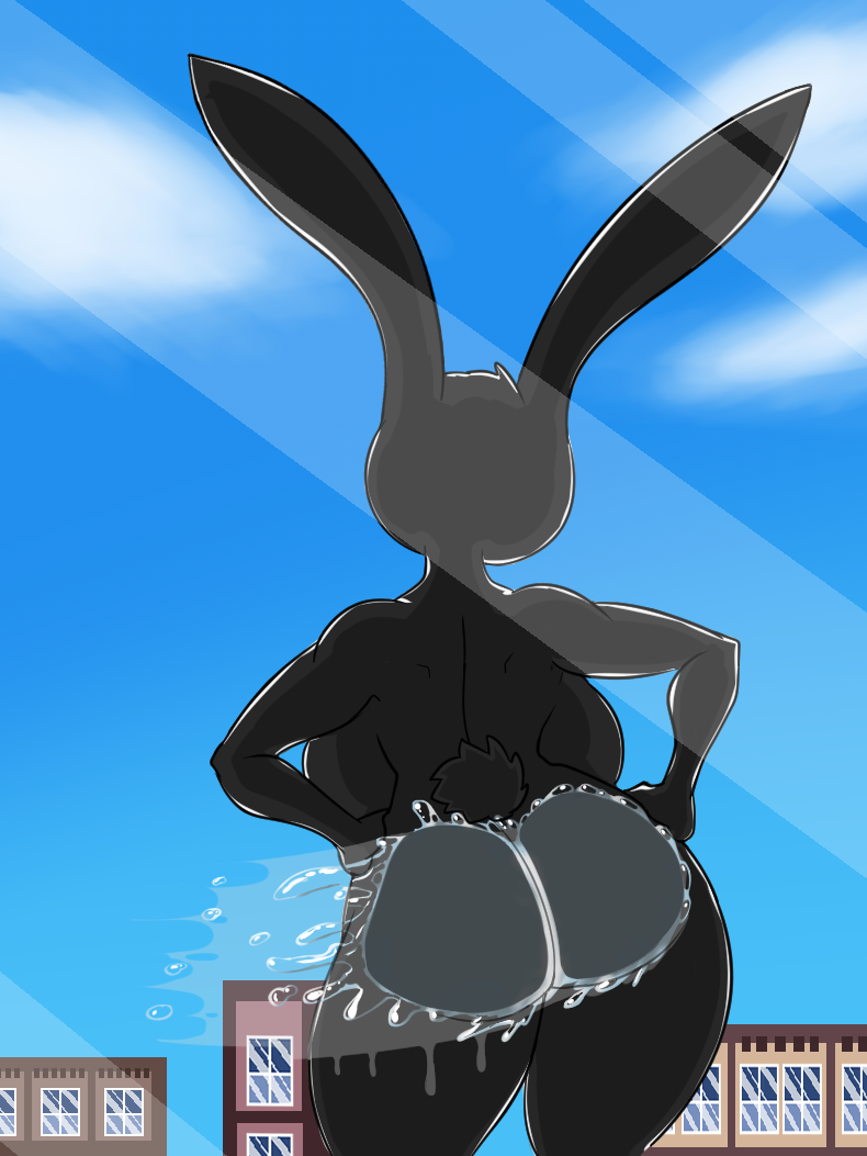 against_surface anthro ass_on_glass big_breasts big_butt big_ears black_body black_fur breasts butt cotton_tail female fur glass hand_on_hip lagomorph leporid mammal nude on_glass rabbit rear_view solo thekingofsorrow thick_thighs umbra_(thekingofsorrow) wet wide_hips
