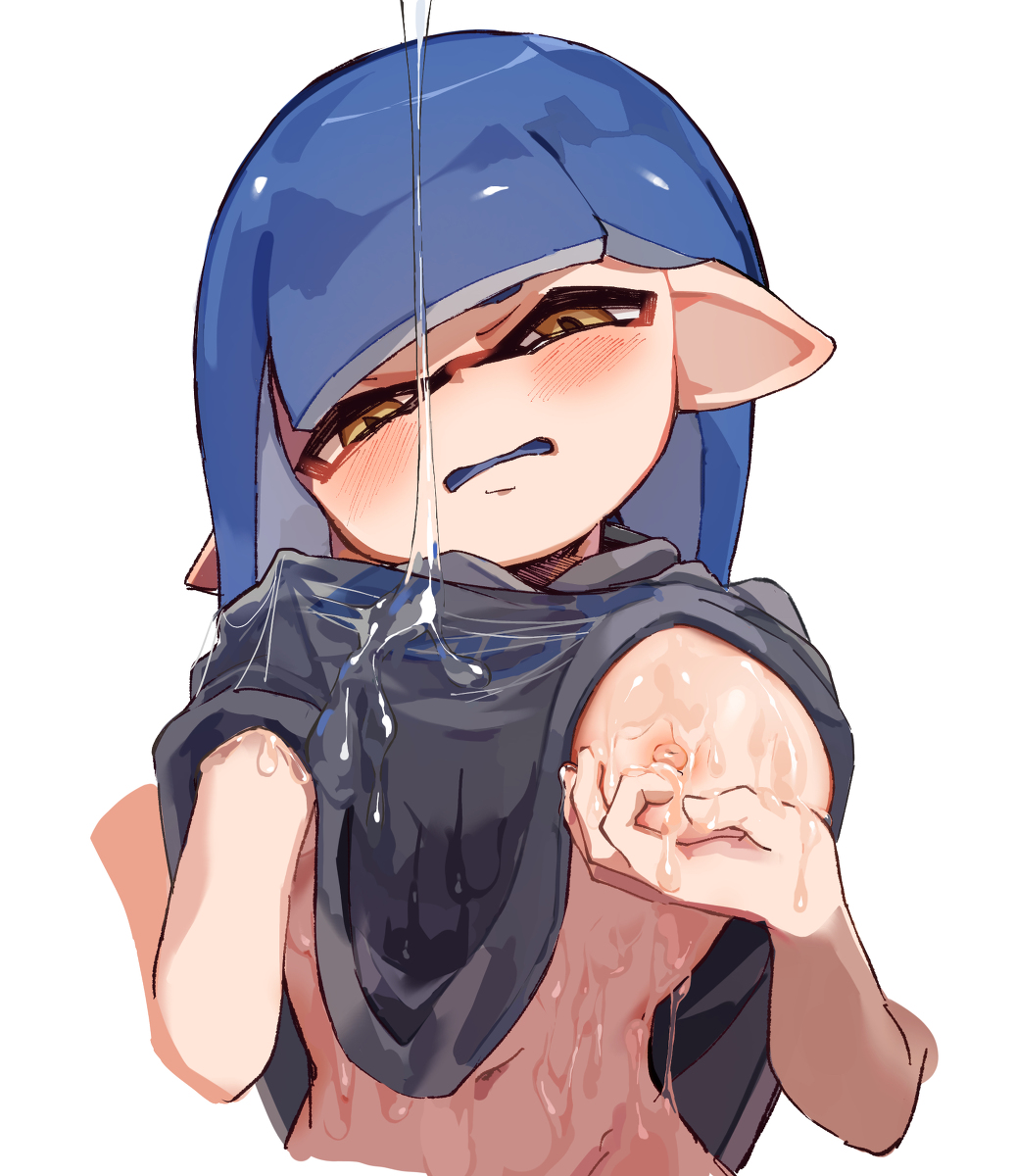 1girl blue_hair blunt_bangs blush breasts clothes_lift colored_tongue disembodied_limb fummatsu_soosu grabbing_own_breast hand_under_clothes hand_under_shirt highres inkling inkling_girl lifted_by_self lotion lube medium_breasts nipple_tweak nipples no_bra one_breast_out open_mouth pointy_ears shirt solo splatoon_(series) tentacle_hair white_background yellow_eyes