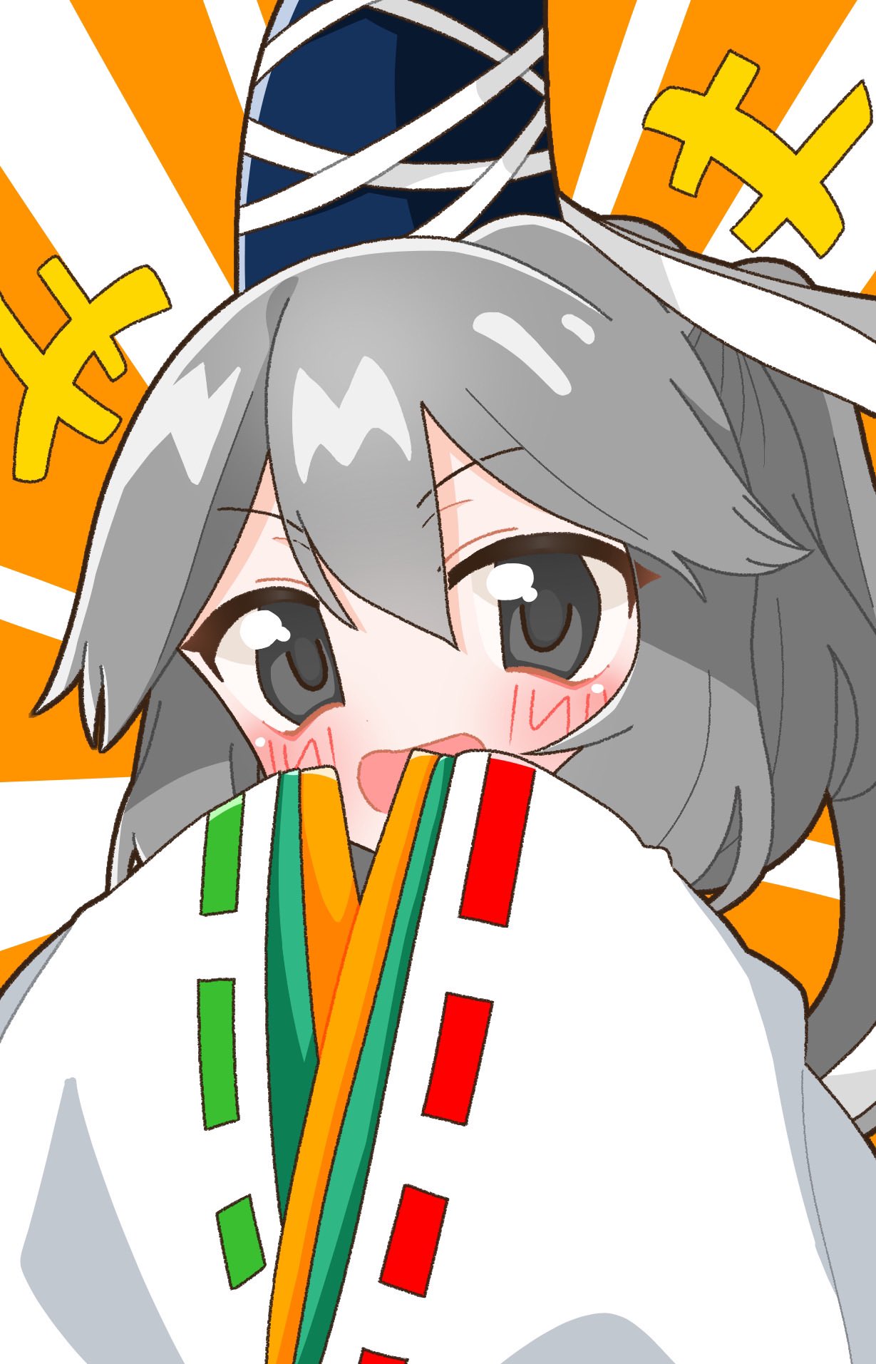 +++ 1girl aoiuna blue_headwear blush commentary_request grey_eyes grey_hair hair_between_eyes hat highres long_hair long_sleeves looking_at_viewer medium_bangs mononobe_no_futo open_mouth orange_background ponytail ribbon-trimmed_sleeves ribbon_trim sleeves_past_fingers sleeves_past_wrists smile solo tate_eboshi touhou two-tone_background upper_body white_background white_sleeves wide_sleeves