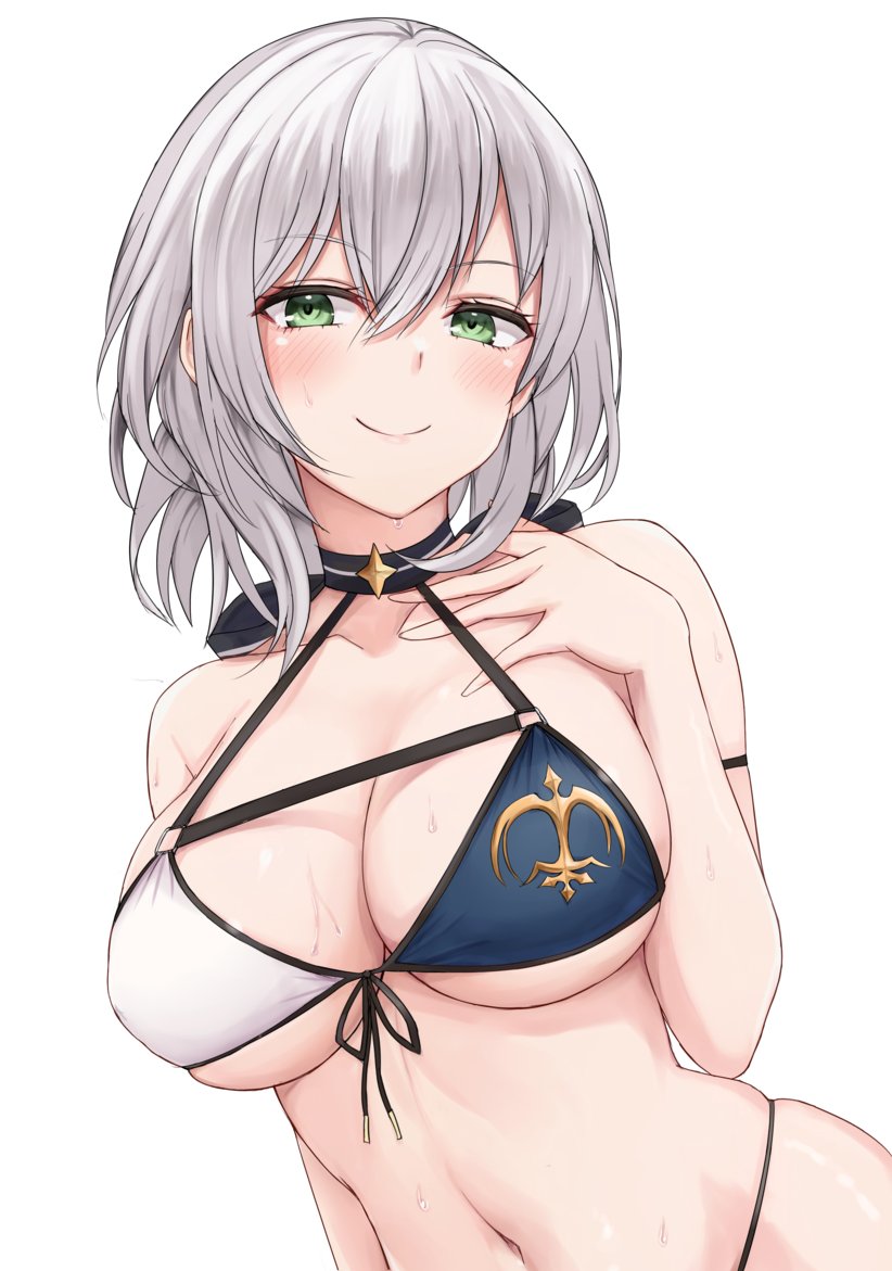 1girl alternate_costume arm_strap bikini blue_bikini blush breasts chest_strap cleavage closed_mouth commentary front-tie_bikini_top front-tie_top green_eyes grey_hair hair_between_eyes hand_on_own_chest hololive large_breasts looking_at_viewer mismatched_bikini navel shirogane_noel short_hair simple_background skindentation smile smug solo string_bikini sweat swimsuit two-tone_bikini upper_body virtual_youtuber white_background white_bikini zou_eita