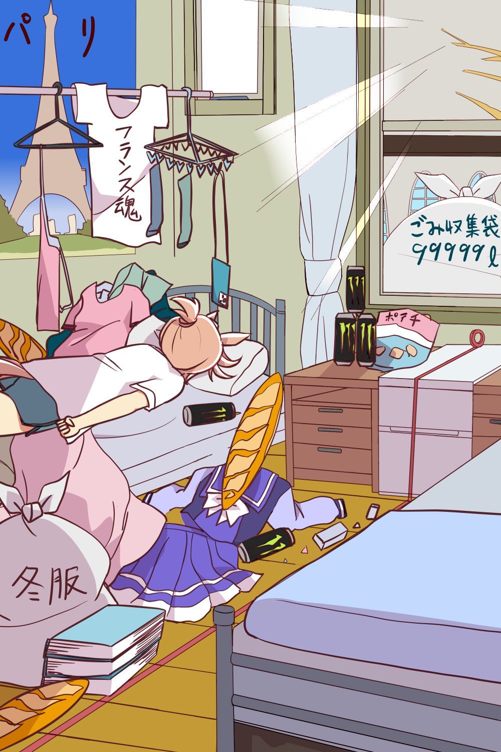 1girl alternate_costume animal_ears bag bed bedroom brown_hair can chest_of_drawers commentary_request dirty eiffel_tower highres horse_ears horse_girl horse_tail lying messy_room monster_energy on_bed on_stomach pleated_skirt purple_serafuku purple_shirt purple_skirt school_uniform serafuku shirt short_hair short_ponytail skirt solo tail tracen_school_uniform trash trash_bag umamusume venus_park_(umamusume) wahiko_(black_bastard) window winter_uniform