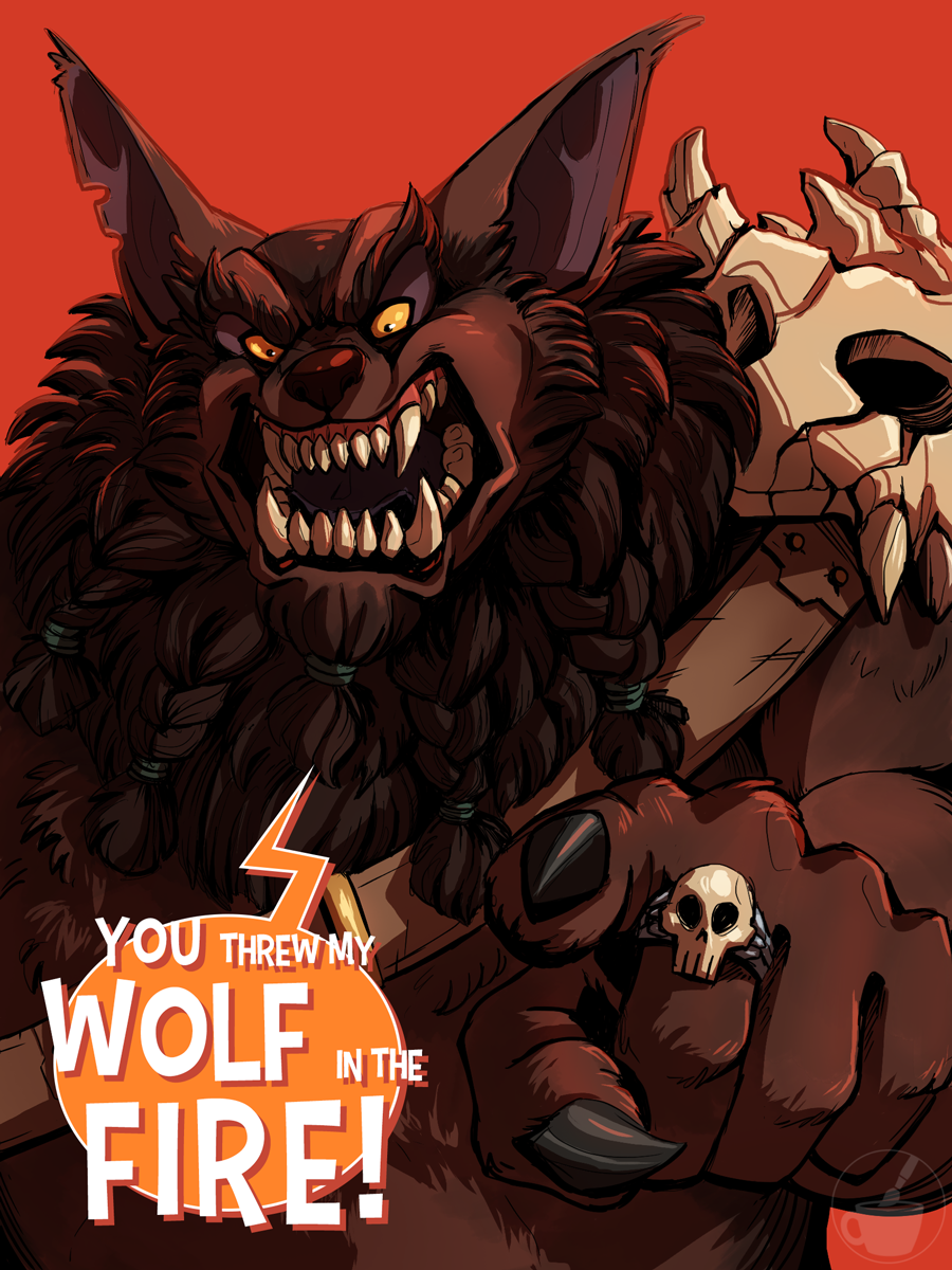 angry anthro beard bone braided_beard bugbear claws dialogue english_text facial_hair fangs fluffy fullofbeans furrowed_brow gesture hi_res klaarg male mcelroy_brothers pointing prick_ears ring_(jewelry) sharp_claws sharp_teeth skull solo speech_bubble teeth text the_adventure_zone