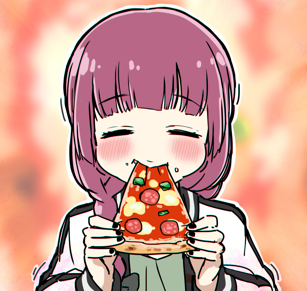 1girl black_bow black_jacket black_nails blurry blurry_background blush bocchi_the_rock! bow braid closed_eyes commentary dress eating food green_dress hair_bow hiroi_kikuri jacket long_hair multicolored_clothes multicolored_jacket open_clothes open_jacket pizza portrait purple_hair single_braid solo symbol-only_commentary torako_(toramaru) two-tone_jacket white_jacket