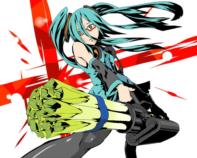 1girl black_pants black_sleeves blue_eyes blue_hair blue_necktie blue_shirt closed_mouth commentary_request cross detached_sleeves expressionless feet_out_of_frame fuhak gatling_gun glasses hair_between_eyes hair_ornament hatsune_miku headphones headphones_around_neck long_bangs long_hair minigun necktie pants red-framed_eyewear semi-rimless_eyewear shirt sleeveless sleeveless_shirt solo spring_onion sunrise_stance twintails under-rim_eyewear vocaloid white_background