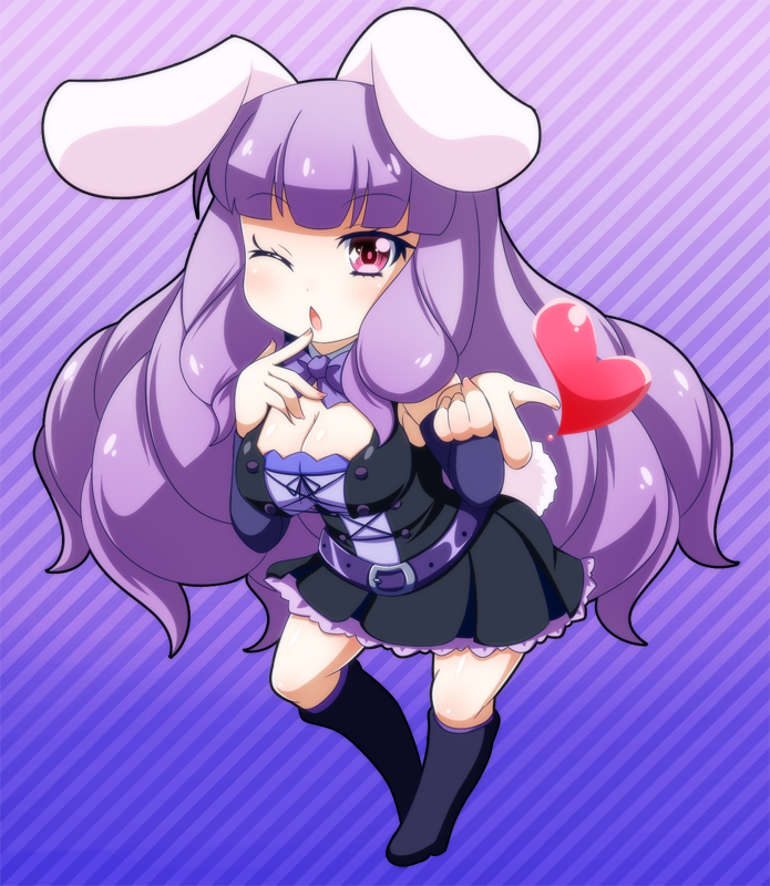 &lt;3 animal_humanoid anthro big_breasts blush breasts chibi chuchu_(show_by_rock!!) female hair huge_breasts humanoid lagomorph lagomorph_humanoid leporid leporid_humanoid long_boots long_hair mammal mammal_humanoid oboro_kakeru one_eye_closed open_mouth purple_eyes purple_hair rabbit rabbit_humanoid sanrio seductive show_by_rock!! simple_background solo