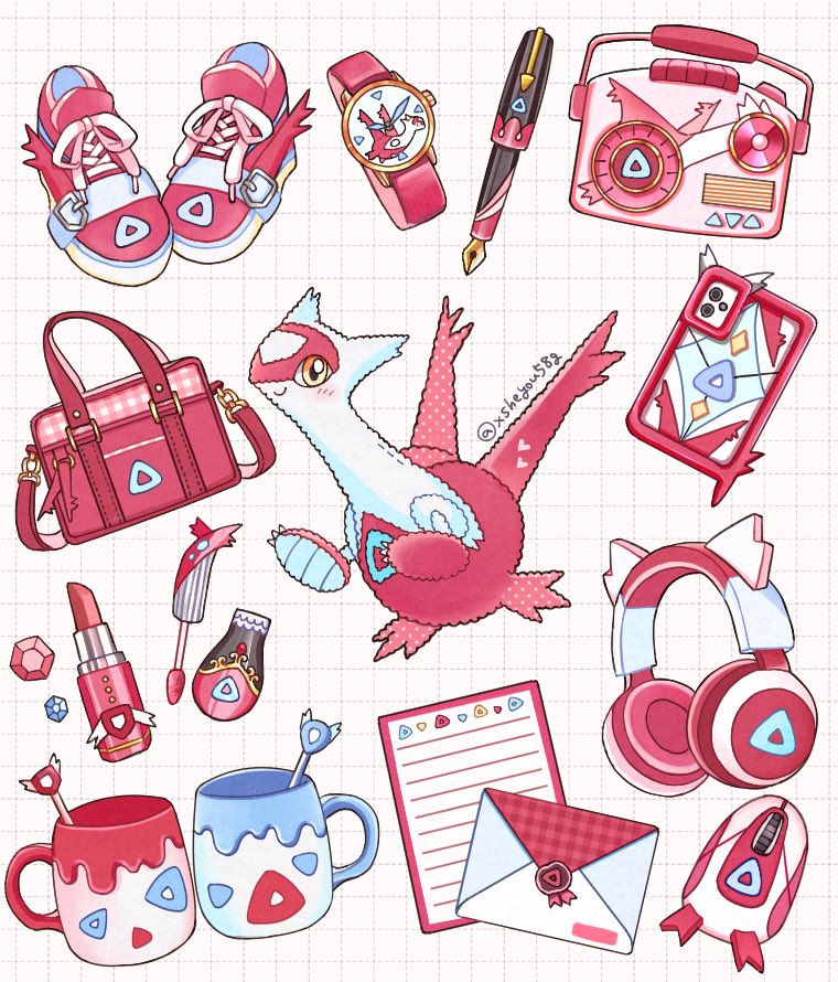 animal_print bag cellphone commentary_request cup gem grid_background handbag headphones latias lipstick makeup mochopaccho mouse_(computer) pen phone pokemon postcard radio red_footwear shoelaces shoes simple_background sneakers stuffed_toy twitter_username watch white_background wristwatch