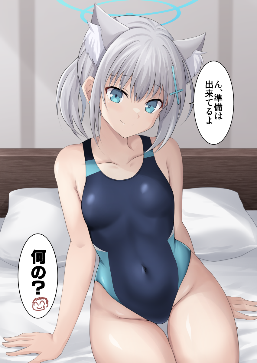 1girl animal_ear_fluff animal_ears black_one-piece_swimsuit blue_archive blue_eyes breasts commentary_request competition_swimsuit covered_navel cross_(crossryou) cross_hair_ornament extra_ears grey_hair hair_ornament halo highres looking_at_viewer low_ponytail medium_breasts medium_hair mismatched_pupils multicolored_clothes multicolored_swimsuit official_alternate_costume one-piece_swimsuit pillow shiroko_(blue_archive) shiroko_(swimsuit)_(blue_archive) sitting smile solo swimsuit thigh_gap wolf_ears