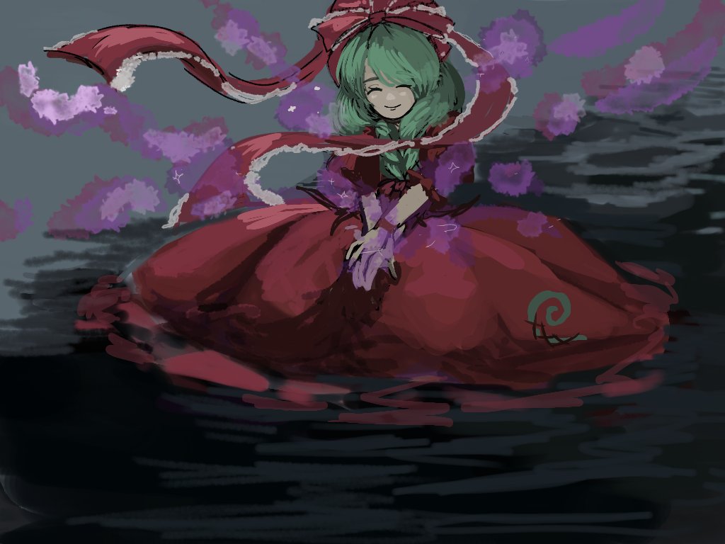 1girl blurry blurry_background cherry_blossoms closed_eyes crossed_arms dress flower in_water kagiyama_hina kneeling long_hair open_mouth pond posumine red_dress red_ribbon red_skirt ribbon short_sleeves skirt smile solo touhou