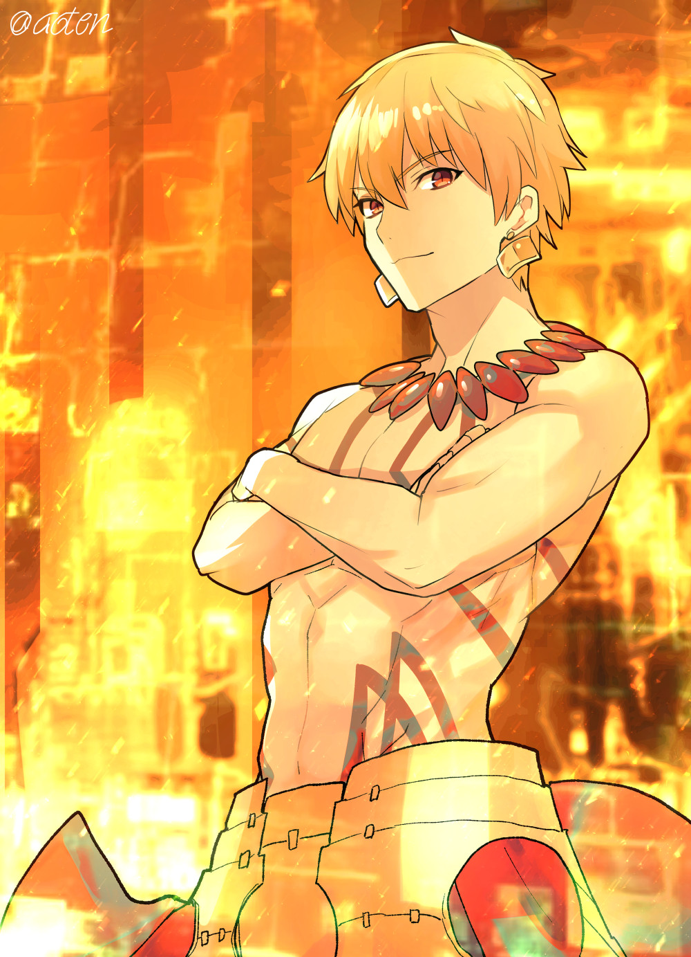1boy aoten_(aoiroarekore) blonde_hair closed_mouth commentary_request cowboy_shot crossed_arms earrings fate/grand_order fate_(series) gilgamesh_(fate) gold_earrings highres jewelry looking_at_viewer male_focus red_eyes short_hair solo tattoo topless_male twitter_username