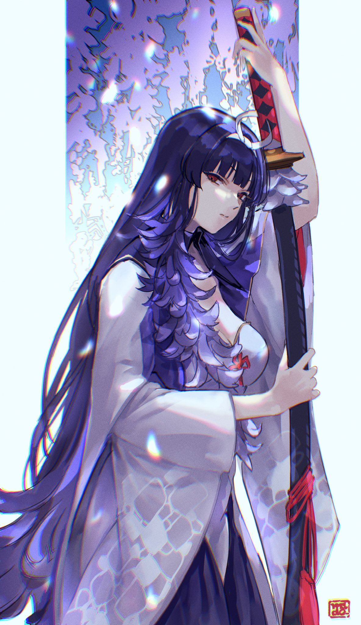 1girl arm_up blurry breasts chromatic_aberration closed_mouth commentary flipped_hair fujimurasaki_(sennen_sensou_aigis) hairband highres holding holding_sword holding_weapon long_hair looking_at_viewer medium_breasts outside_border pillarboxed purple_hair purple_skirt red_eyes red_tassel routemoi sennen_sensou_aigis sheath sheathed skirt solo stamp_mark sword tachi_(weapon) tassel very_long_hair weapon white_hairband wide_sleeves
