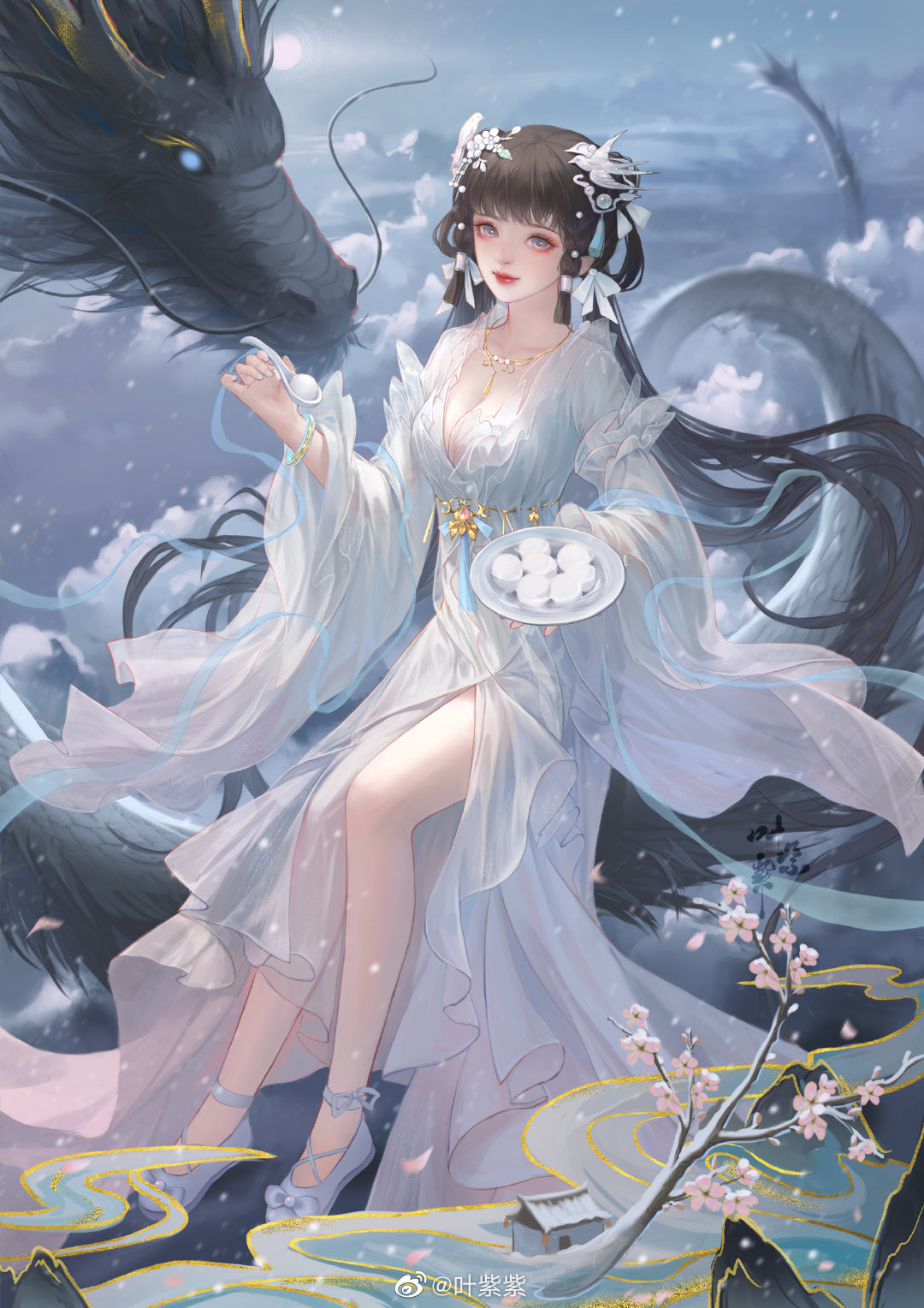 1girl above_clouds bowl bracelet branch brown_hair building closed_mouth cloud dragon dress food_request hair_rings highres holding holding_bowl holding_spoon jewelry long_hair long_sleeves mountain original sitting smile solo spoon white_dress white_footwear yi_zi_zi