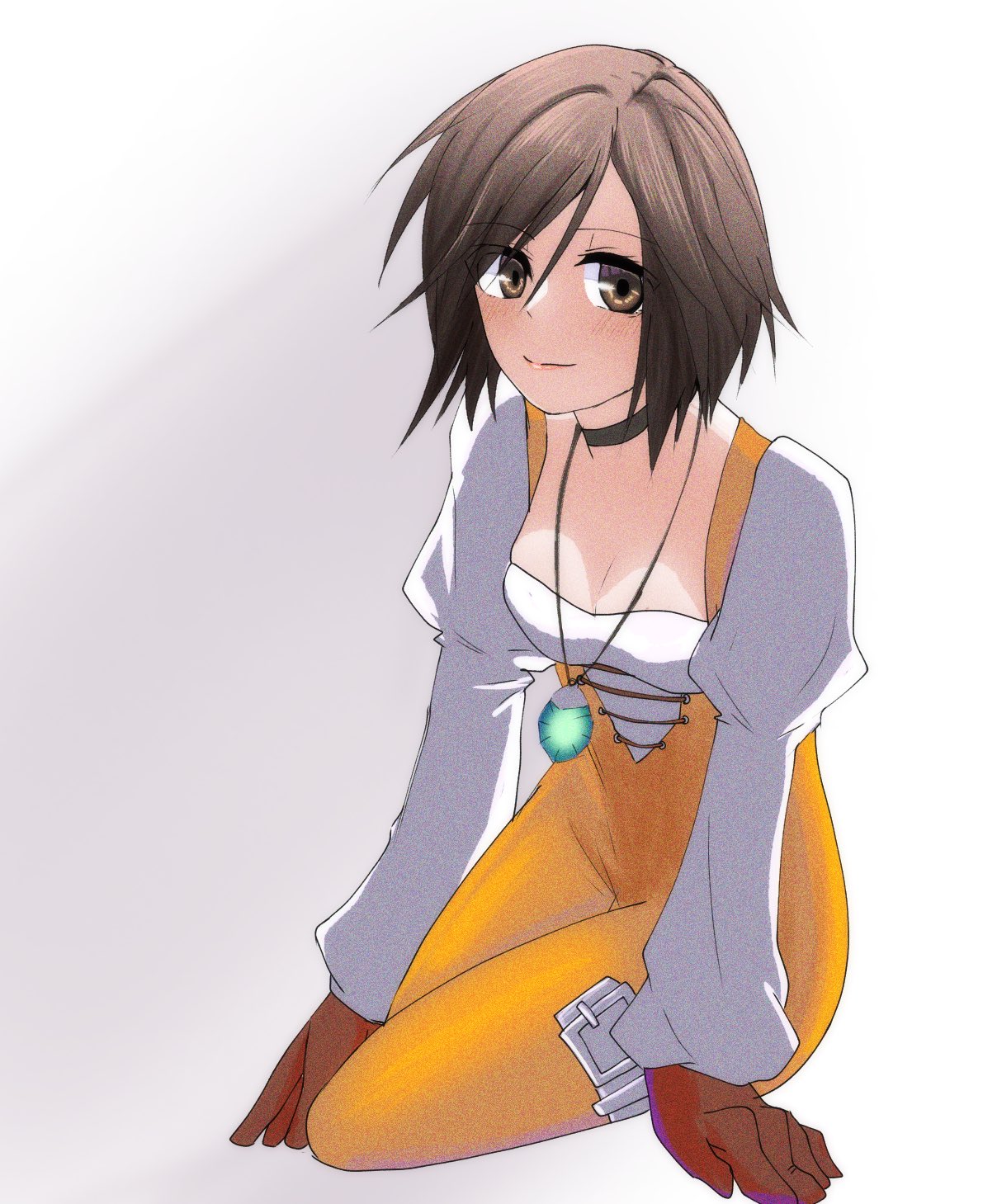1girl black_hair bodysuit breasts brown_eyes choker cleavage closed_mouth final_fantasy final_fantasy_ix garnet_til_alexandros_xvii gloves highres jewelry looking_at_viewer matuillust necklace orange_bodysuit short_hair simple_background smile solo white_background