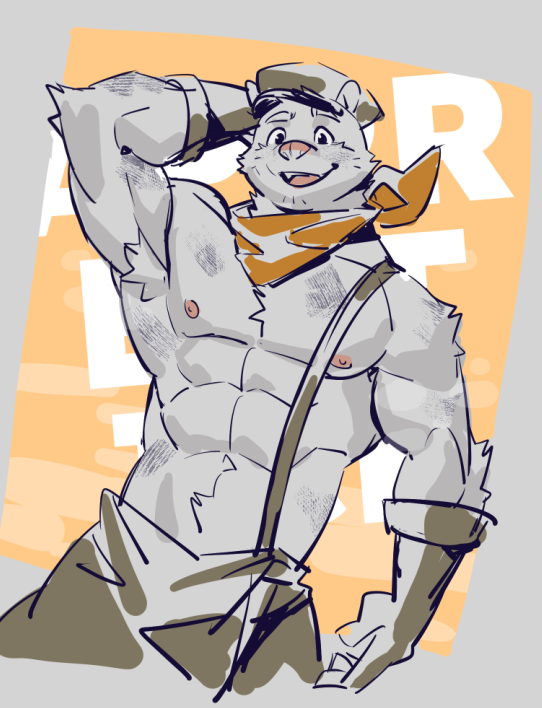 abs another_eidos another_eidos_of_dragon_vein_r anthro apprentice_worker_(anothereidos_r) bandanna_on_neck clothing gloves handwear hat headgear headwear male mammal marsupial nipples overalls_only p0sporo pecs possum raised_arms shirtless solo