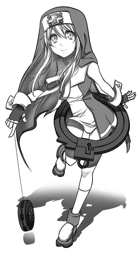 1boy bridget_(guilty_gear) clip_studio_paint_(medium) cross cuffs dress fingerless_gloves full_body gloves greyscale guilty_gear guilty_gear_xx habit handcuffs latin_cross looking_at_viewer male_focus mars_symbol monochrome nun otoko_no_ko ribbon short_hair_with_long_locks smile solo standing standing_on_one_leg suou_sakura yo-yo