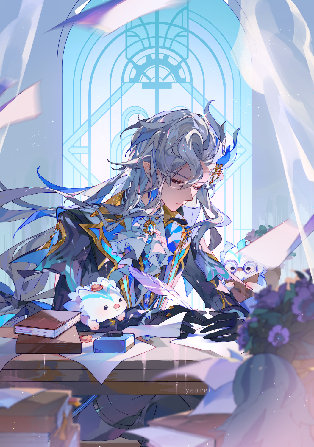 1boy artist_name ascot black_gloves blue_hair blue_jacket blurry blurry_foreground book book_stack bookmark brooch commentary curtains desk english_commentary from_behind genshin_impact glasses gloves grey_hair half-closed_eyes highres holding holding_quill indoors jacket jewelry leisurely_otter_(genshin_impact) long_hair looking_down low-tied_long_hair male_focus multicolored_hair multiple_persona neuvillette_(genshin_impact) office one_eye_closed otter pointy_ears purple_eyes quill reading seashell shell sidelocks solo streaked_hair upper_body vase white_ascot window writing yeurei