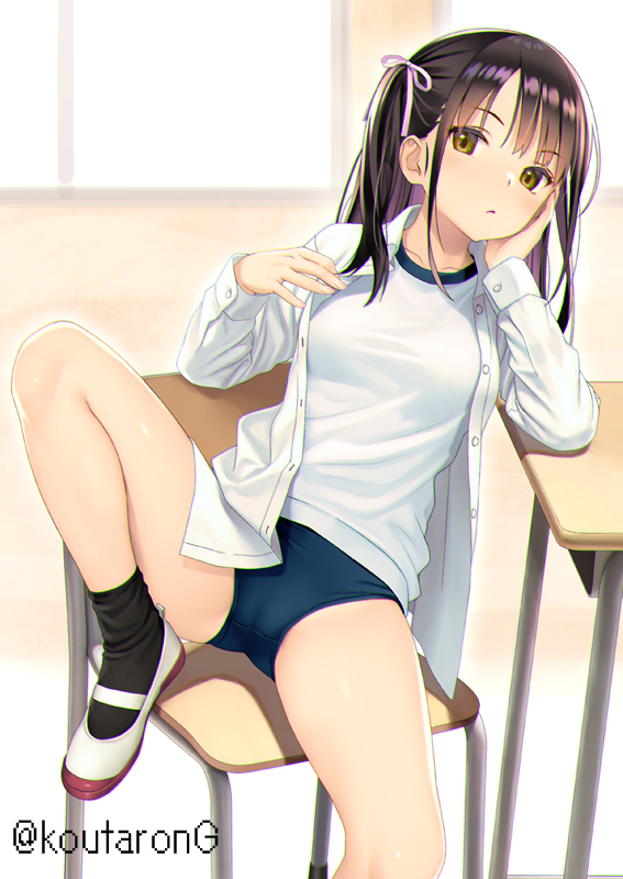 1girl artist_name black_hair black_socks blue_buruma buruma chair classroom closed_mouth commentary_request desk foot_out_of_frame green_eyes gym_shirt head_rest indoors knee_up koutaro leg_up legs long_hair long_sleeves looking_at_viewer on_chair open_clothes open_shirt original parted_bangs school_chair school_desk shirt sitting socks solo twitter_username two_side_up white_footwear white_shirt