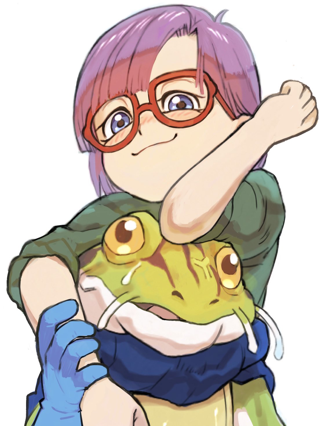 1boy 1girl blue_eyes blue_gloves blush chrono_trigger closed_mouth frog_(chrono_trigger) gan2 glasses gloves highres looking_at_viewer lucca_ashtear open_mouth purple_hair short_hair simple_background smile white_background