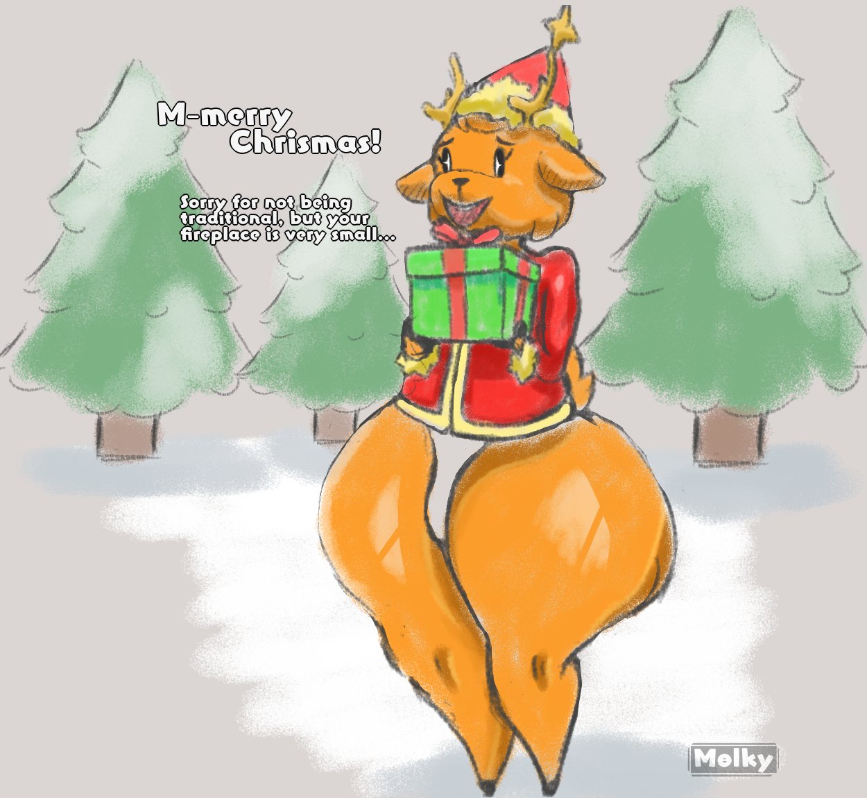 animal_crossing anthro antlers black_sclera brown_body capreoline christmas christmas_clothing christmas_headwear clothing deer ellipsis english_text exclamation_point gift gothicc hat headgear headwear holding_gift holding_object holidays horn huge_hips huge_thighs jingle_(animal_crossing) male mammal nintendo reindeer santa_hat shirt solo text thick_thighs thong topwear underwear white_eyes wide_hips
