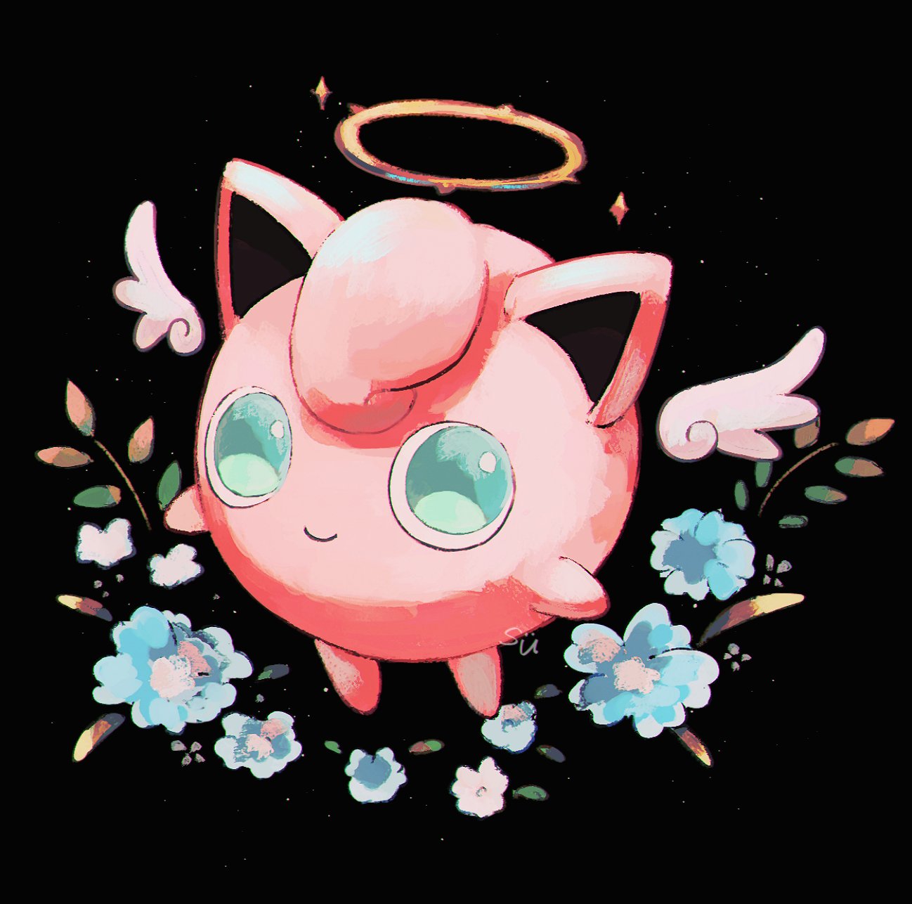 black_background blue_flower detached_wings floating flower green_eyes halo highres jigglypuff night night_sky no_humans pokemon pokemon_(creature) simple_background sky smile sparkle star_(sky) su_(sajo_su5) wings