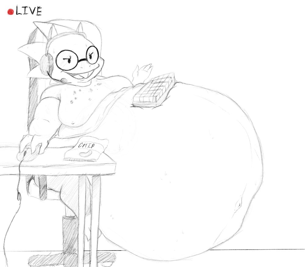 alphys anthro big_breasts blush breasts clothed clothing digital_media_(artwork) eyewear female fur glasses hair humanoid jushy lizard looking_at_viewer nipples open_mouth overweight reptile scalie simple_background soft_vore solo tail teeth thick_thighs undertale undertale_(series) unknown_prey vore