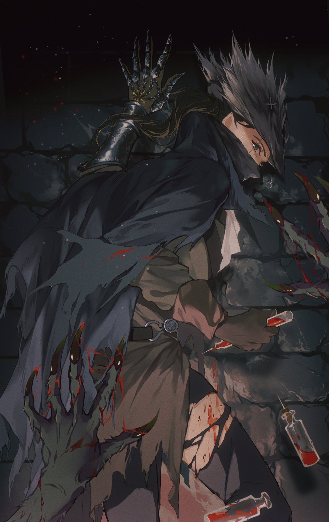 1girl against_wall arm_up belt black_mask black_pants blood blood_vial bloodborne brick_wall brown_belt brown_gloves brown_hair cape claws from_behind gloves hat highres holding_vial hunter_(bloodborne) mask monster mouth_mask pants ponytail solo_focus torn_cape torn_clothes torn_coat torn_hat tricorne yujia0412