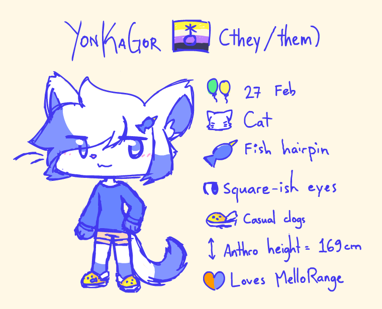 2022 accessory ambiguous_gender anthro biped blue_body blue_clothing blue_ears blue_eyes blue_fur blue_hair blue_tail blush blush_lines character_name child clothing domestic_cat english_text felid feline felis fur hair hair_accessory hairpin lgbt_pride mammal model_sheet nonbinary_(lore) nonbinary_pride_colors paws pride_colors pronouns smile solo tail tan_clothing text topwear white_body white_fur white_hair white_tail yellow_clothing yon_(yonkagor) yonkagor young