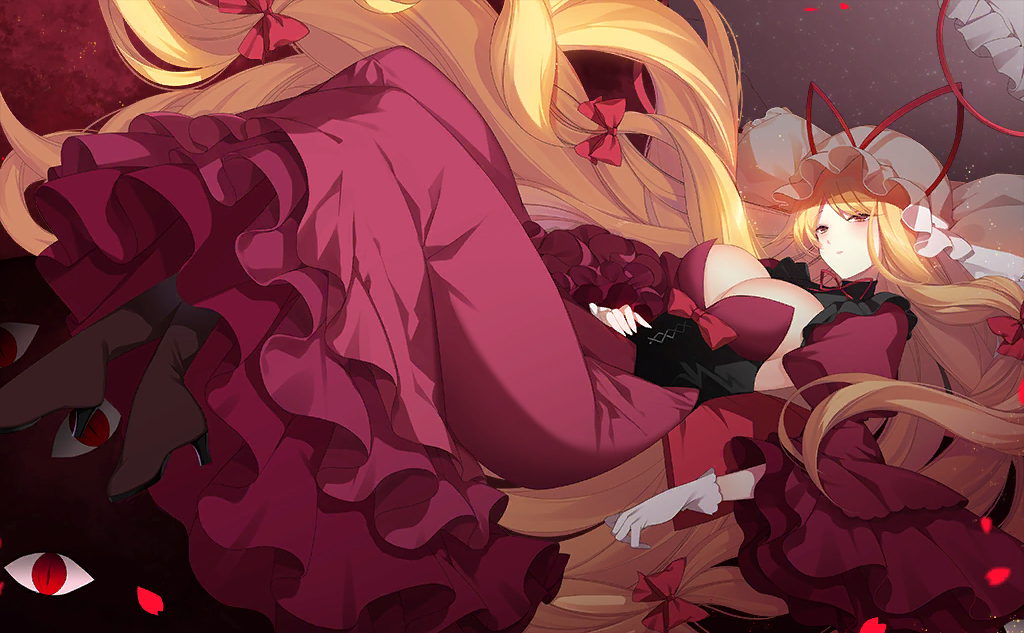 1girl black_collar black_corset black_footwear blonde_hair blush boots bow breasts center_opening collar corset couch cross-laced_corset detached_collar detached_sleeves dress eyeball frilled_collar frilled_dress frilled_hat frilled_sleeves frills game_cg gap_(touhou) gloves hair_bow half-closed_eyes hand_on_own_hip hat hat_ribbon high_heel_boots high_heels indoors large_breasts layered_dress layered_sleeves long_dress long_hair long_sleeves lying mob_cap multiple_hair_bows neck_ribbon official_art on_back parted_lips petals pillow purple_dress purple_eyes purple_sleeves red_bow red_eyes red_ribbon ribbon roh_nam_kyung slit_pupils third-party_source touhou touhou_cannonball very_long_hair white_gloves white_headwear wide_sleeves yakumo_yukari