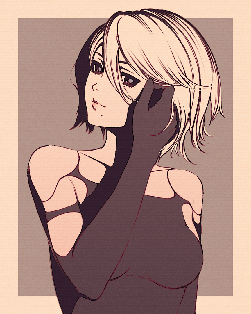 1girl border breasts closed_mouth collarbone elbow_gloves gloves hair_between_eyes hand_in_own_hair limited_palette mole mole_under_mouth moshimoshibe nier:automata nier_(series) outside_border short_hair small_breasts smile solo upper_body white_border yorha_type_a_no._2