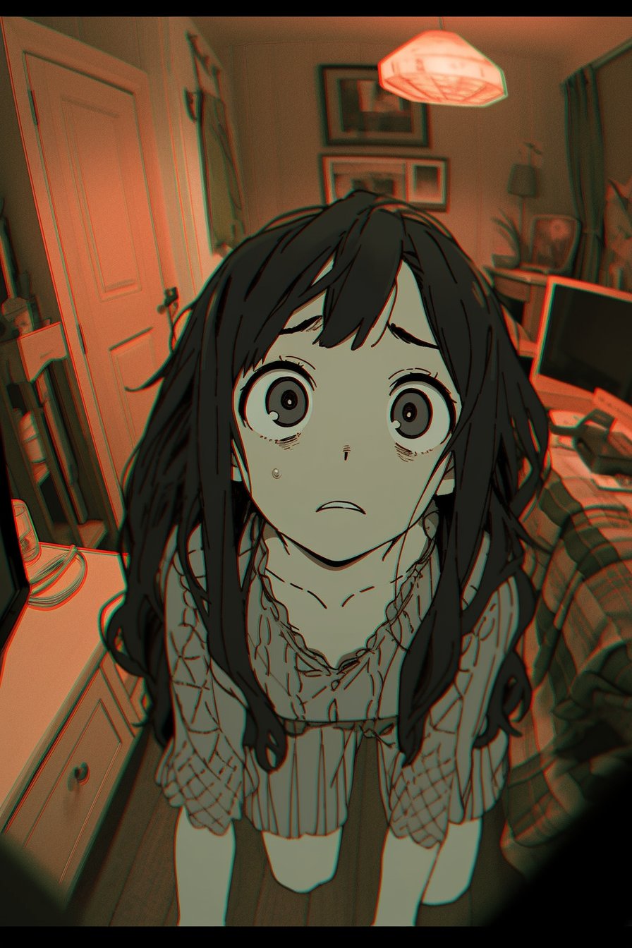 1girl ai-assisted backlighting black_eyes black_hair blush bracelet close-up collarbone commentary fisheye highres jewelry long_hair looking_at_viewer meola on_bed original pajamas pants short_sleeves solo symbol-only_commentary