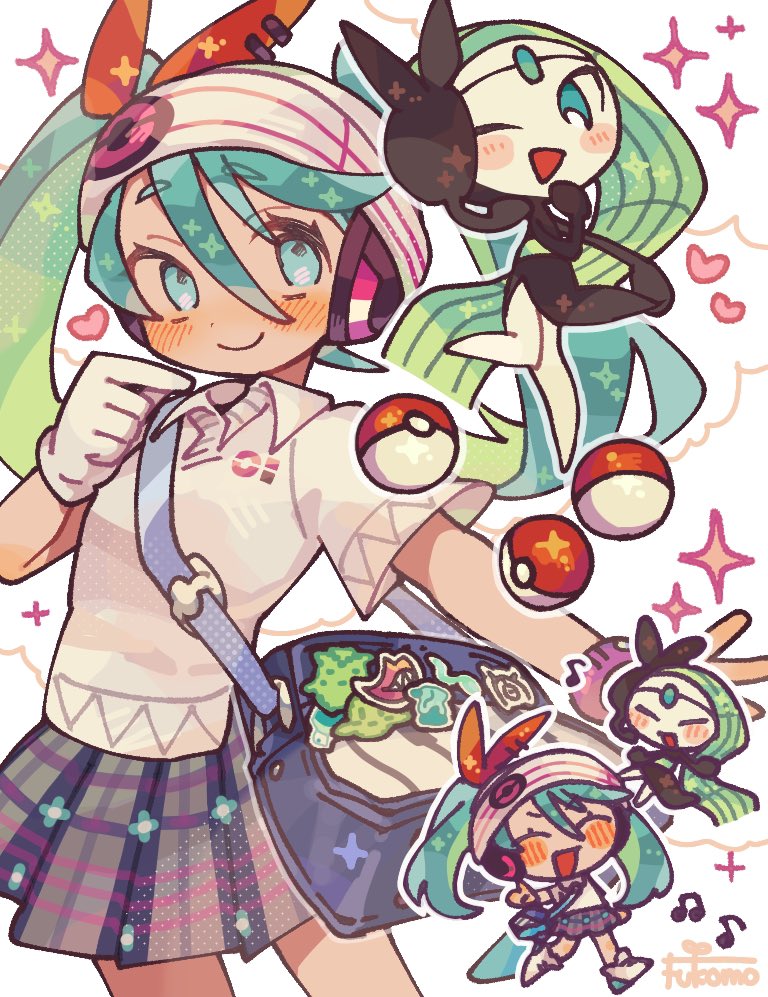 1girl aqua_hair bag bag_charm beanie blue_eyes blush blush_stickers bow charm_(object) chibi chibi_inset forehead_jewel fukomo gloves green_hair hair_bow hat hatsune_miku headphones heart long_hair meloetta meloetta_(aria) miniskirt music musical_note one_eye_closed open_mouth piano_print plaid plaid_skirt pleated_skirt poke_ball poke_ball_(basic) poke_ball_print pokemon pokemon_(creature) polo_shirt project_voltage red_bow shirt shoes shoulder_bag singing single_glove skirt smartwatch smile sneakers sparkle twintails unown unown_m vocaloid watch white_gloves white_shirt wristwatch