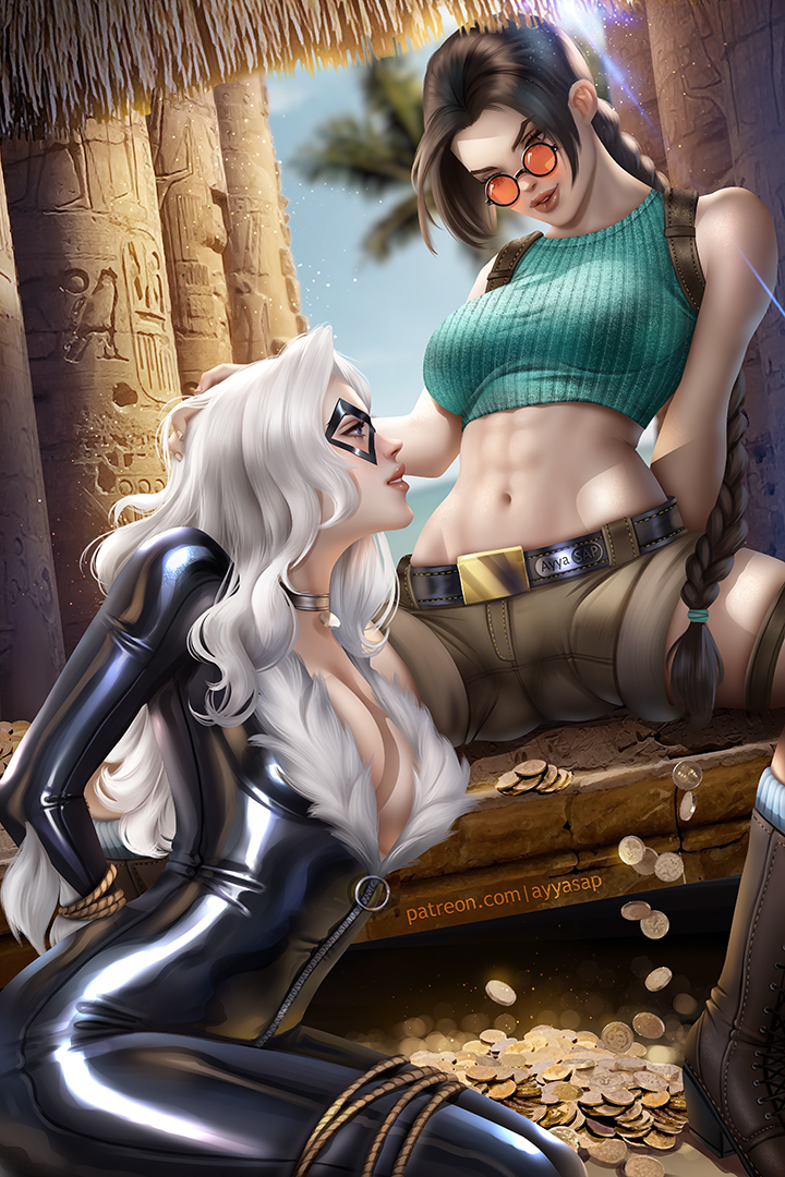 ayya_sap black_cat_(marvel) black_jumpsuit blue_sky bound bound_wrists braid breasts brown_hair cleavage coin crop_top crossover domino_mask felicia_hardy gold_coin jumpsuit lara_croft looking_at_another marvel mask palm_tree shorts sky tomb_raider tree white_hair yuri