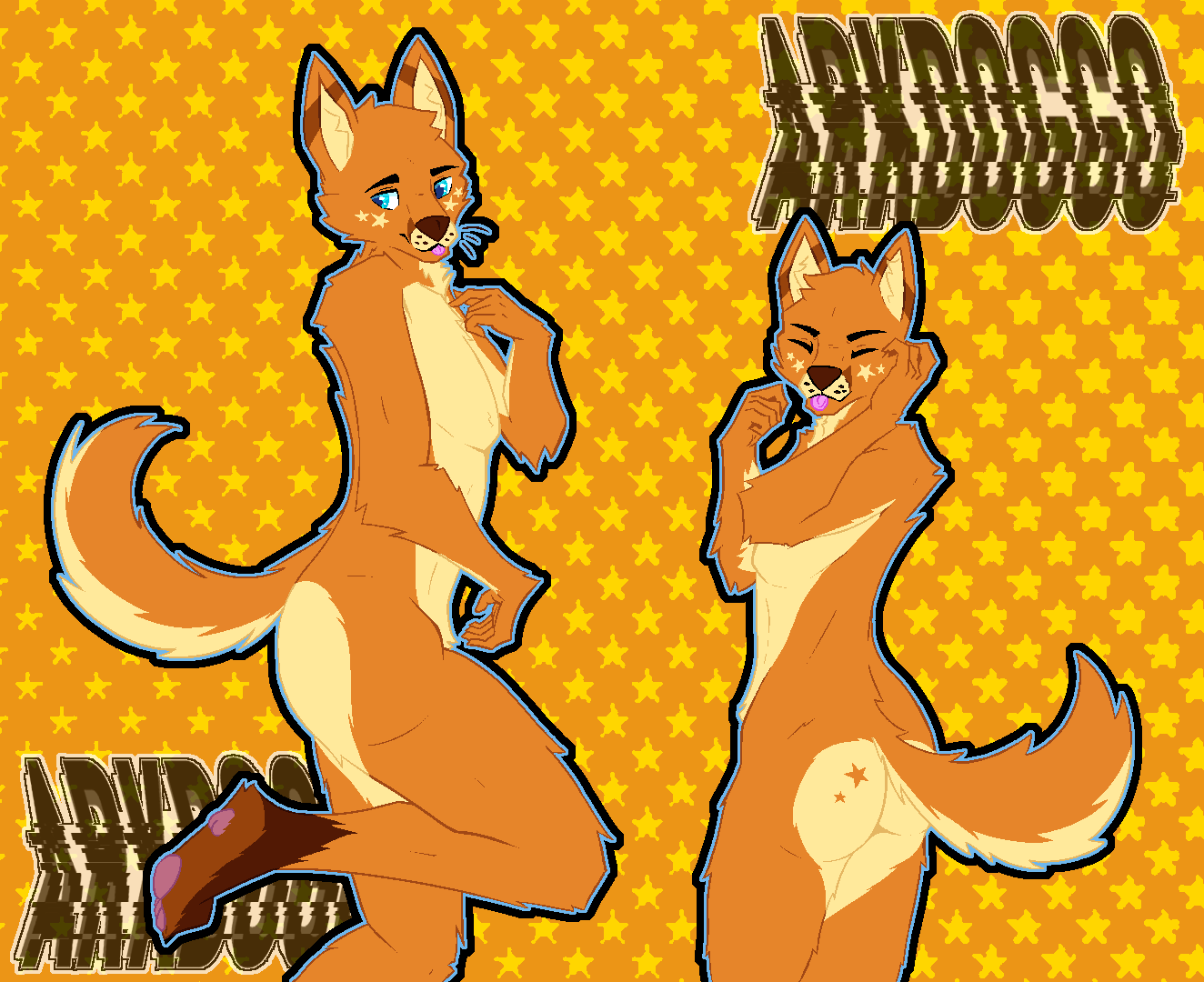 anthro arched_back arkdoggo big_butt blue_eyes butt butt_heart canid canine cute_expression eyes eyes_closed fluffy fox fox_tail fur humanoid_hands inner_ear_fluff jake_(arkdoggo) love_handles male mammal mouth_closed muscular muscular_anthro muscular_male nude orange_body orange_fur pawpads paws pink_pawpads pose raised_tail rear_view side_view smile solo star star_eyes tail tan_body tan_fur thick_thighs tongue tongue_out tuft