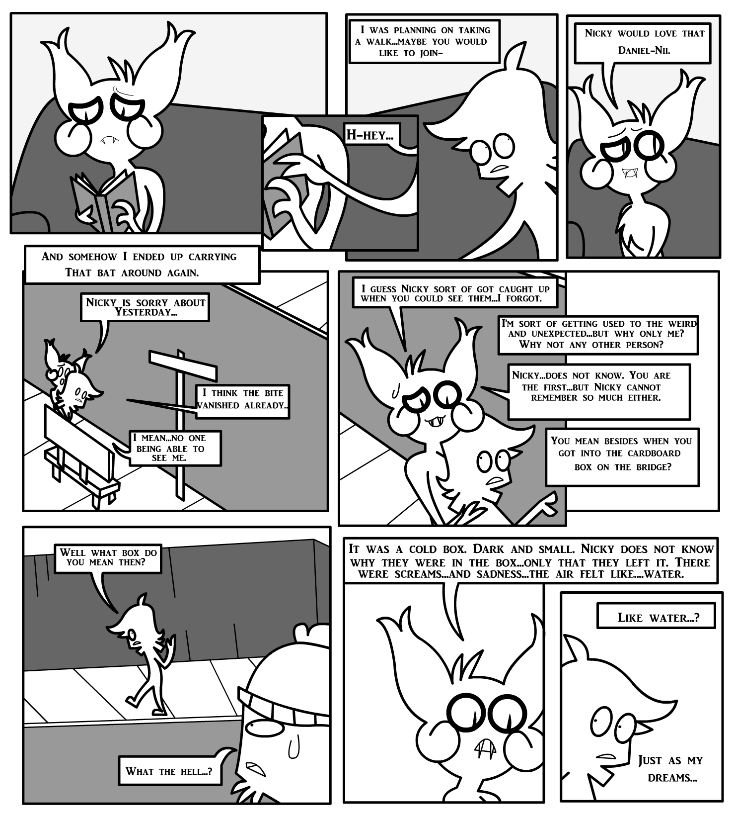 ambiguous_gender anthro bat bench bodily_fluids book border carrying carrying_another clothing comic confusion daniel_toke dialogue duo duo_focus english_text fangs frown greyscale group hat headgear headwear hi_res holding_book holding_object human iconography inside looking_at_another looking_away male male/ambiguous mammal monochrome nicky_(abfmh) open_mouth outside overbite piggyback sad shane_frost sidewalk signpost speech_bubble sweat sweatdrop teeth text trio white_border