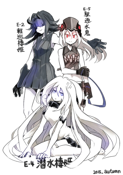 3girls abyssal_ship bandaid bandaid_on_face bandaid_on_forehead barefoot black_dress black_gloves black_hair blindfold breasts character_name closed_mouth colored_skin crop_top crossed_bandaids destroyer_water_oni dress gloves kantai_collection light_cruiser_princess long_hair looking_at_viewer multiple_girls oso_(toolate) pale_skin parted_lips purple_eyes red_eyes simple_background sitting sketch smile submarine_princess sweat very_long_hair white_background white_dress white_hair white_skin