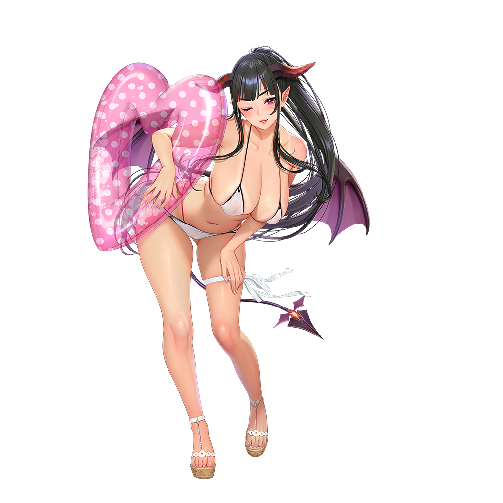 1girl bikini_tan black_hair blush breasts demon_girl demon_horns demon_tail demon_wings full_body hand_on_own_thigh heart-shaped_innertube holding holding_innertube horns huge_breasts innertube leg_ribbon looking_at_viewer midnight_girls navel non-web_source one_eye_closed parted_lips photoshop_(medium) pointy_ears polka_dot_innertube red_eyes ribbon sandals smile solo strappy_heels tail tan tanlines thigh_ribbon transparent_background wings
