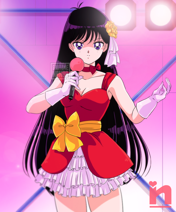 armpits bishoujo_senshi_sailor_moon black_hair bow breasts choker cleavage dress gloves hino_rei long_hair microphone purple_eyes red_choker red_dress saotome_nanda sash short_dress smile white_gloves yellow_bow