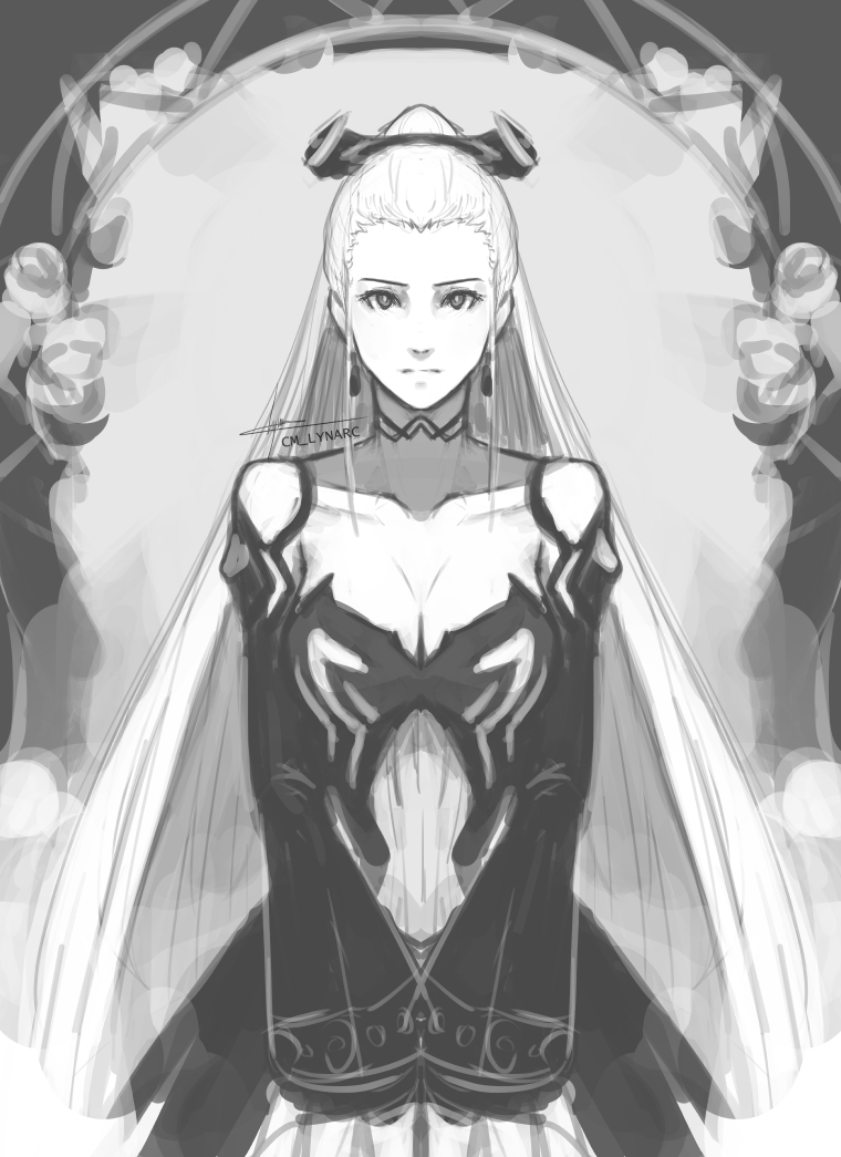 bare_shoulders black_dress breasts cleavage cm_lynarc dress earrings eir_(fire_emblem) fire_emblem fire_emblem_heroes greyscale high_ponytail jewelry large_breasts looking_at_viewer monochrome solo