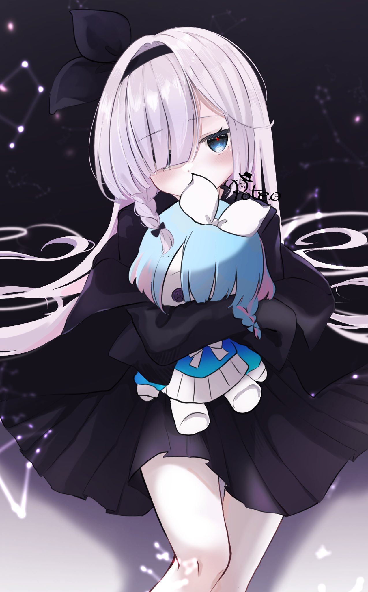 1girl arona_(blue_archive) black_dress black_hairband black_skirt blue_archive blue_eyes blush bow braid character_doll doll dress eyes_visible_through_hair feet_out_of_frame hair_bow hair_over_one_eye hair_ribbon hairband highres holding long_hair long_sleeves looking_at_viewer object_hug plana_(blue_archive) pleated_skirt poteo ribbon signature sitting skirt solo stuffed_toy symbol-shaped_pupils very_long_hair white_hair