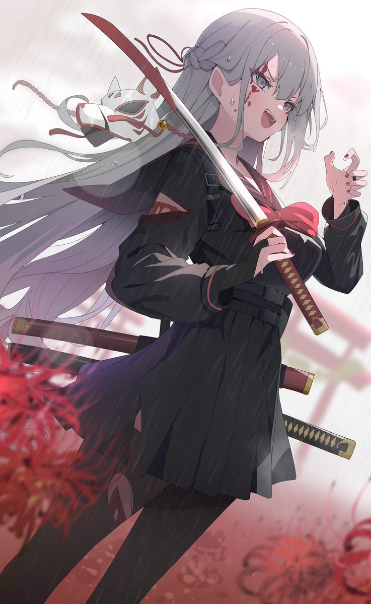 1girl black_dress black_sailor_collar bleeding blood bow braid commentary_request cuts dress fox_mask grey_eyes grey_hair holding holding_sword holding_weapon hukahire0120 injury katana long_hair long_sleeves mask open_mouth original outdoors rain red_bow red_nails sailor_collar smile solo standing sword torii torn_clothes weapon wet